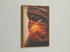 A luxurious gold frame elevates this desert Bedouin artwork. The metallic accents add a touch of opulence. This Middle East art brings sophistication to any room. Sahara prints and Arabic wall art create a global vibe. Perfect for homeowners renters and interior designers. The sunset canvas adds warmth.