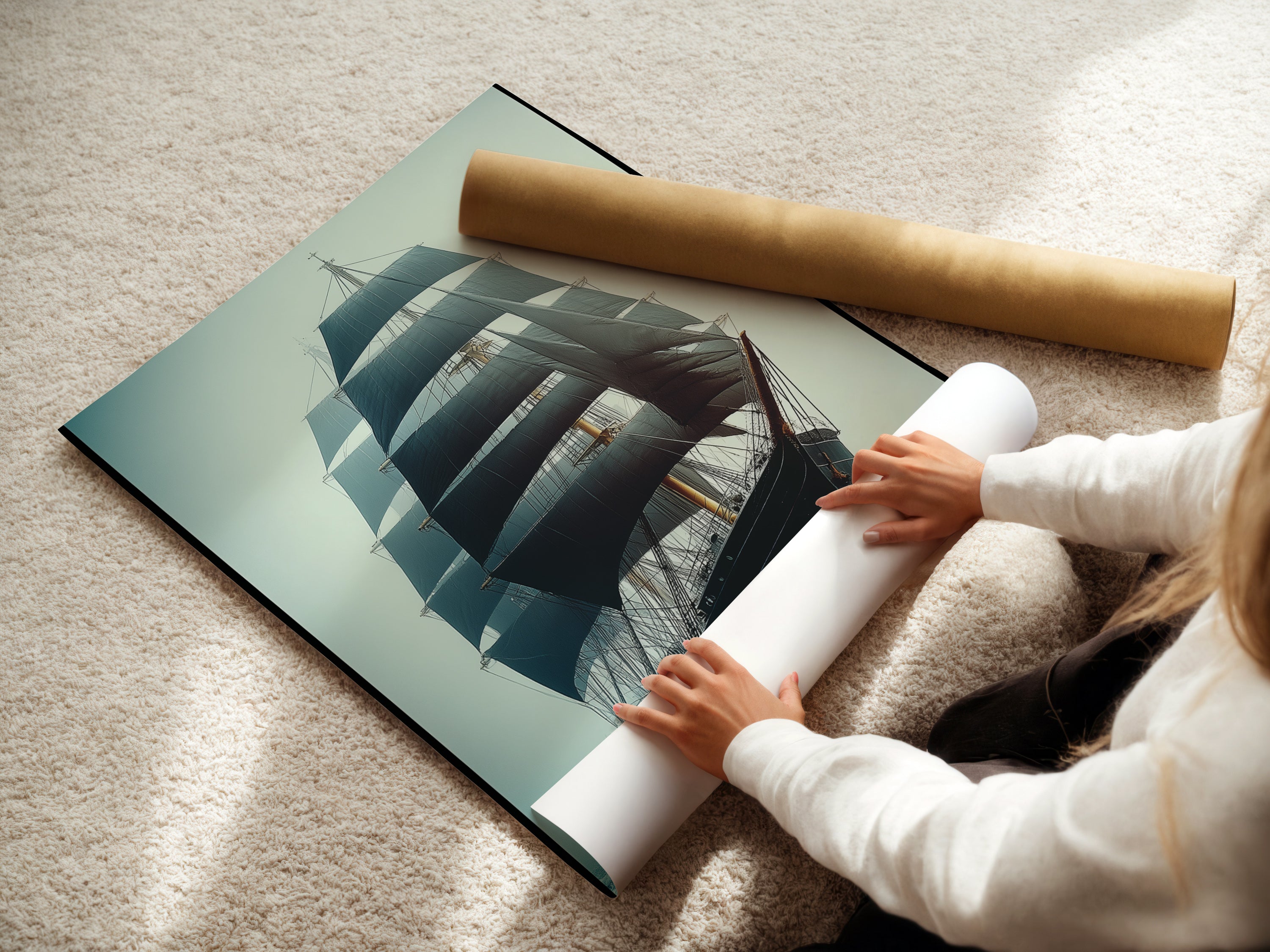 A woman is carefully rolling a fine art poster paper. The paper features a sailing ship artwork. This showcases the care in handling the nautical art prints. It's ready for framing or display.