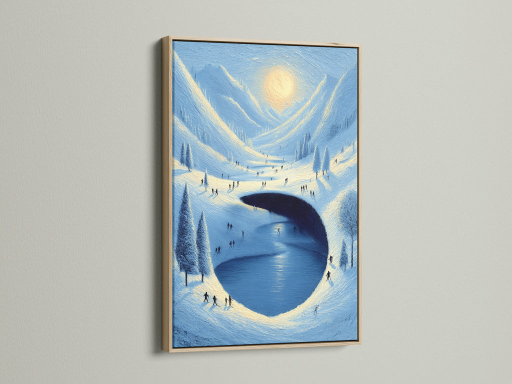 A framed winter landscape art piece showcasing a snowy mountain print with an oak frame. The artwork is a lake canvas art. The primary color is blue. It provides a serene alpine lake print for your wall.