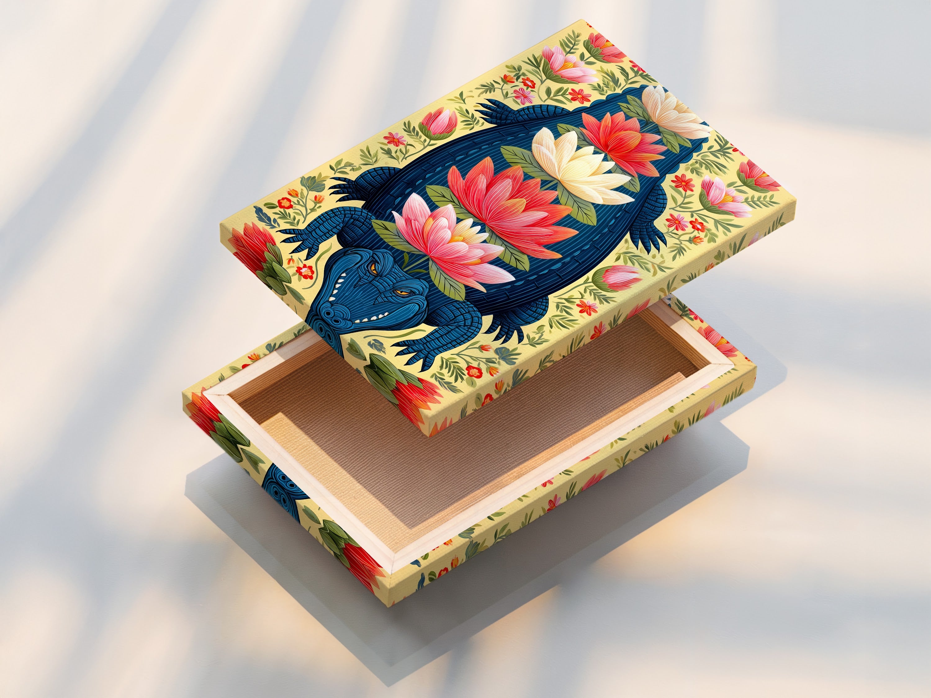 A stretched canvas print of the Alligator artwork is displayed. The botanical print features teal and coral colors. This ready-to-hang option provides a seamless modern look for your home. Enhance your living space with this vibrant exotic artwork and its unique style.