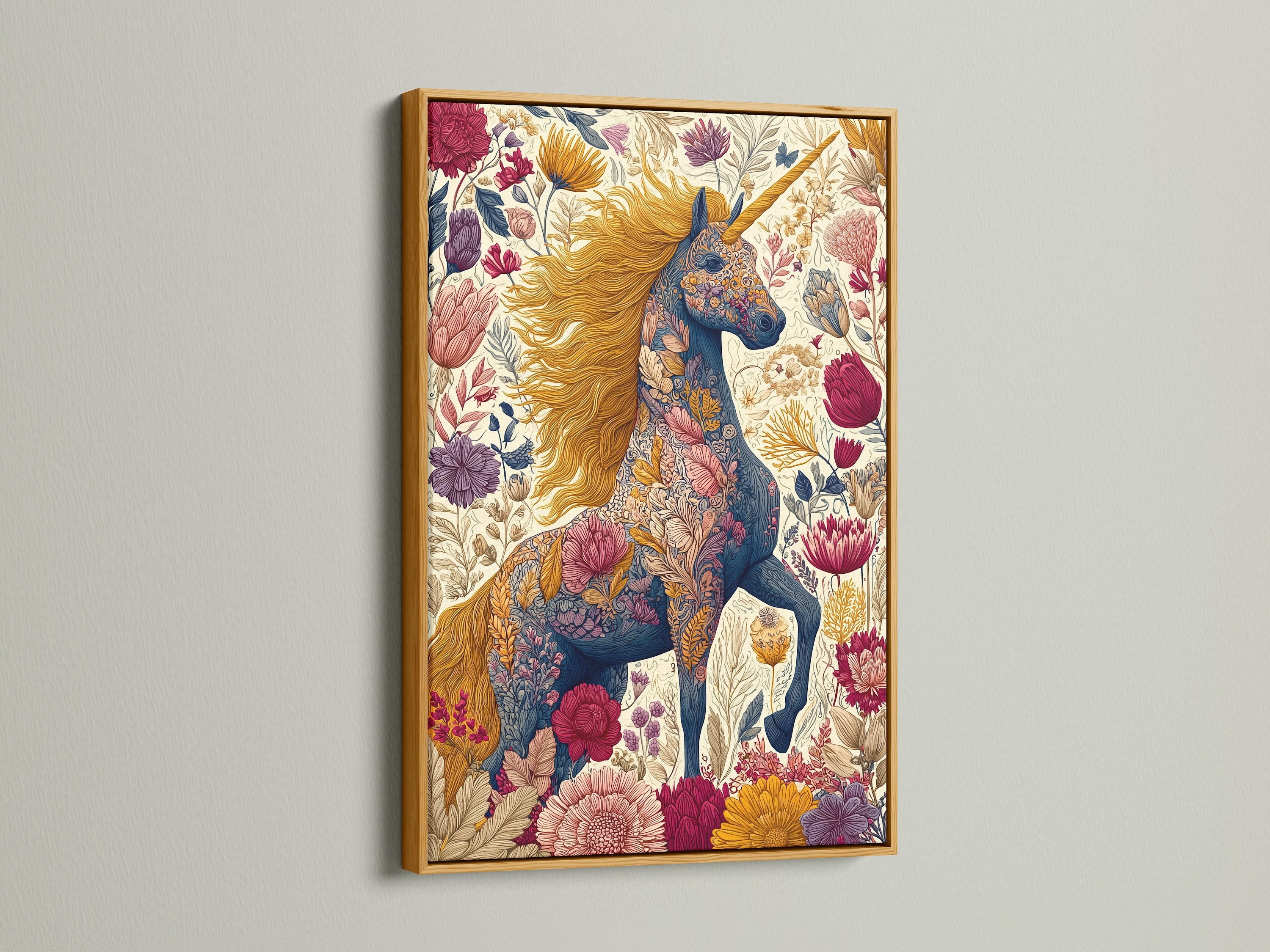 Elevate your artwork with a gold frame for your floral unicorn canvas print. This frame adds a luxurious touch to your eclectic wall art. Highlight the primary gold color in your artwork. Frame your fantasy art with a touch of glamor. Make your art a focal point.