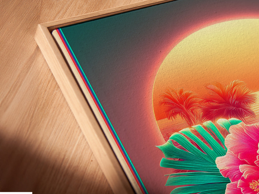 Close-up angled view of a canvas print in a floating frame. The floating frame gives the artwork a modern feel. The canvas print showcases vibrant tropical flowers. Pink hibiscus and plumeria are featured. Discover our floating frame options. Transform your space.