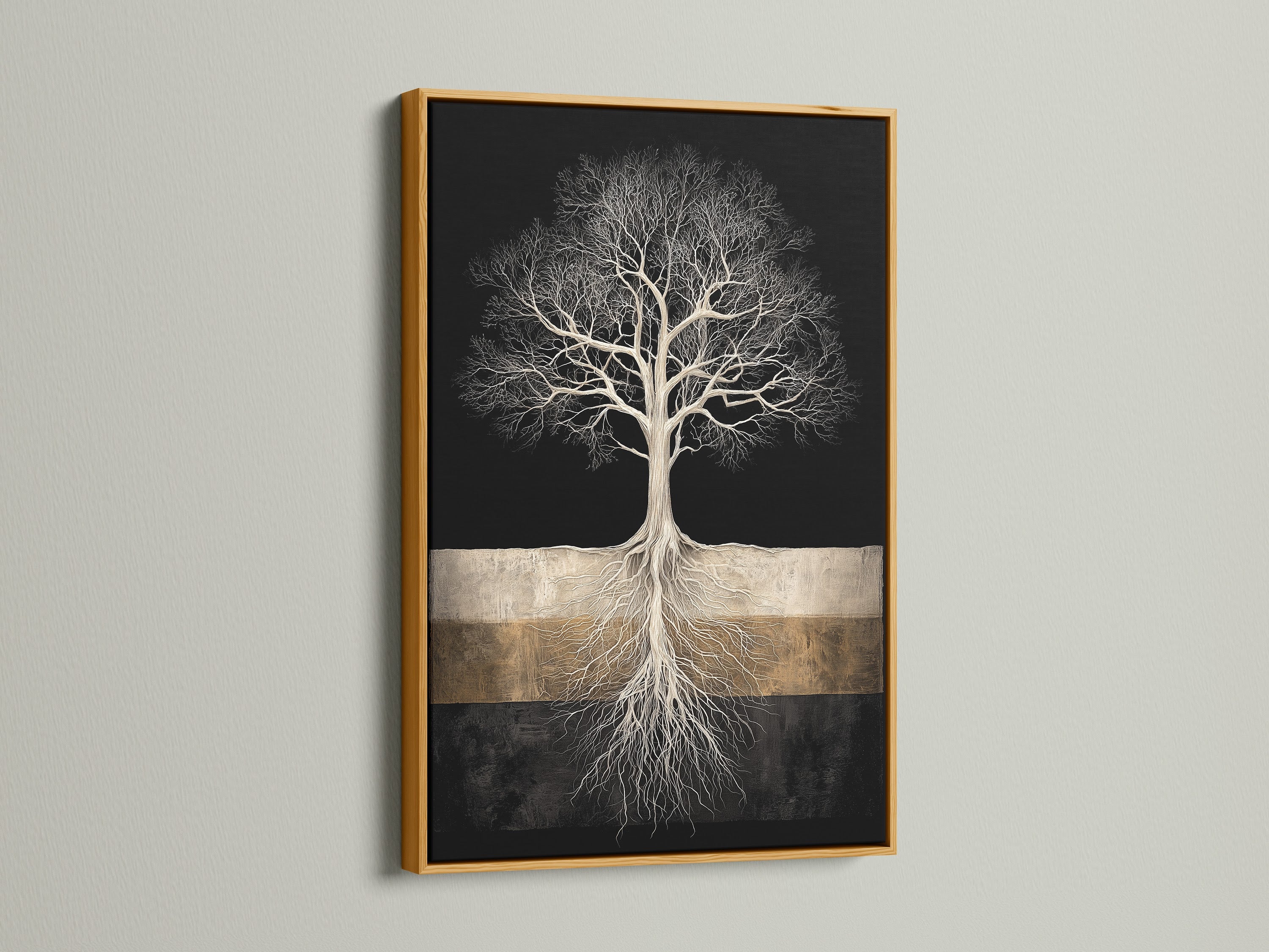 Tree of Life art in a gold frame. The gold accents of this artwork add a luxurious touch. This modern canvas print is a statement piece. Ideal for enhancing living rooms or home offices. A spiritual wall art.