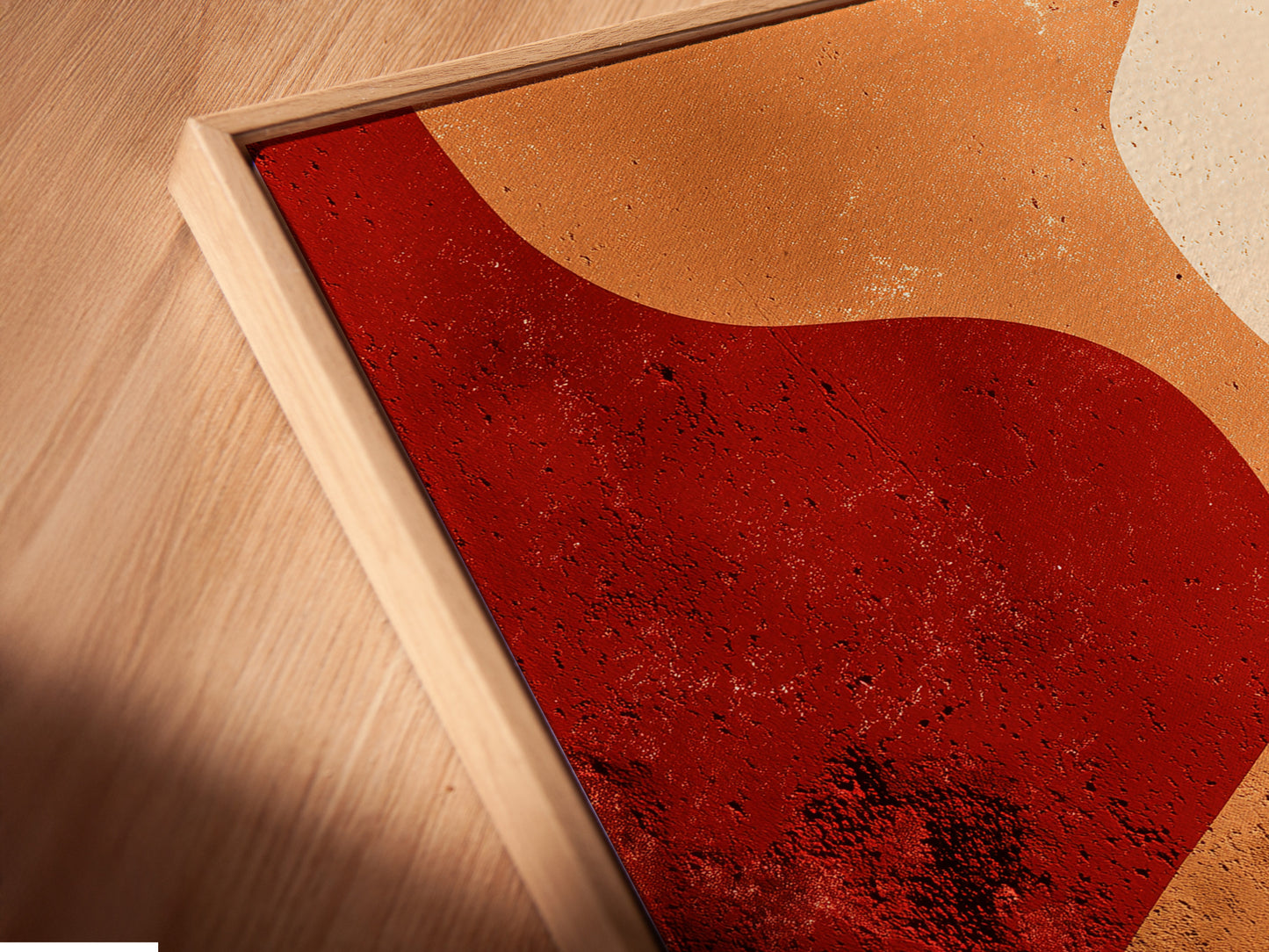 Angled close-up of a canvas print. The canvas print is in a floating frame. The floating frame gives a modern look. It separates the art from the wall. This enhances the depth and dimension. It provides a unique display option.