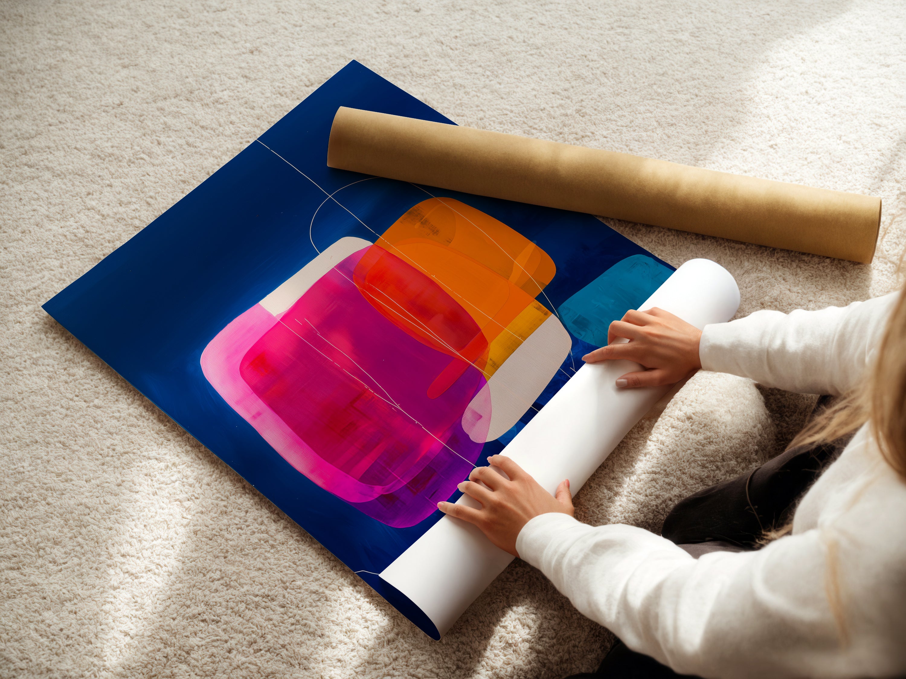 A woman carefully rolls a fine art poster paper. Preparing it for framing or display. The high-quality paper ensures the artwork's colors and details are preserved. Perfect for showcasing abstract geometric prints and modern art