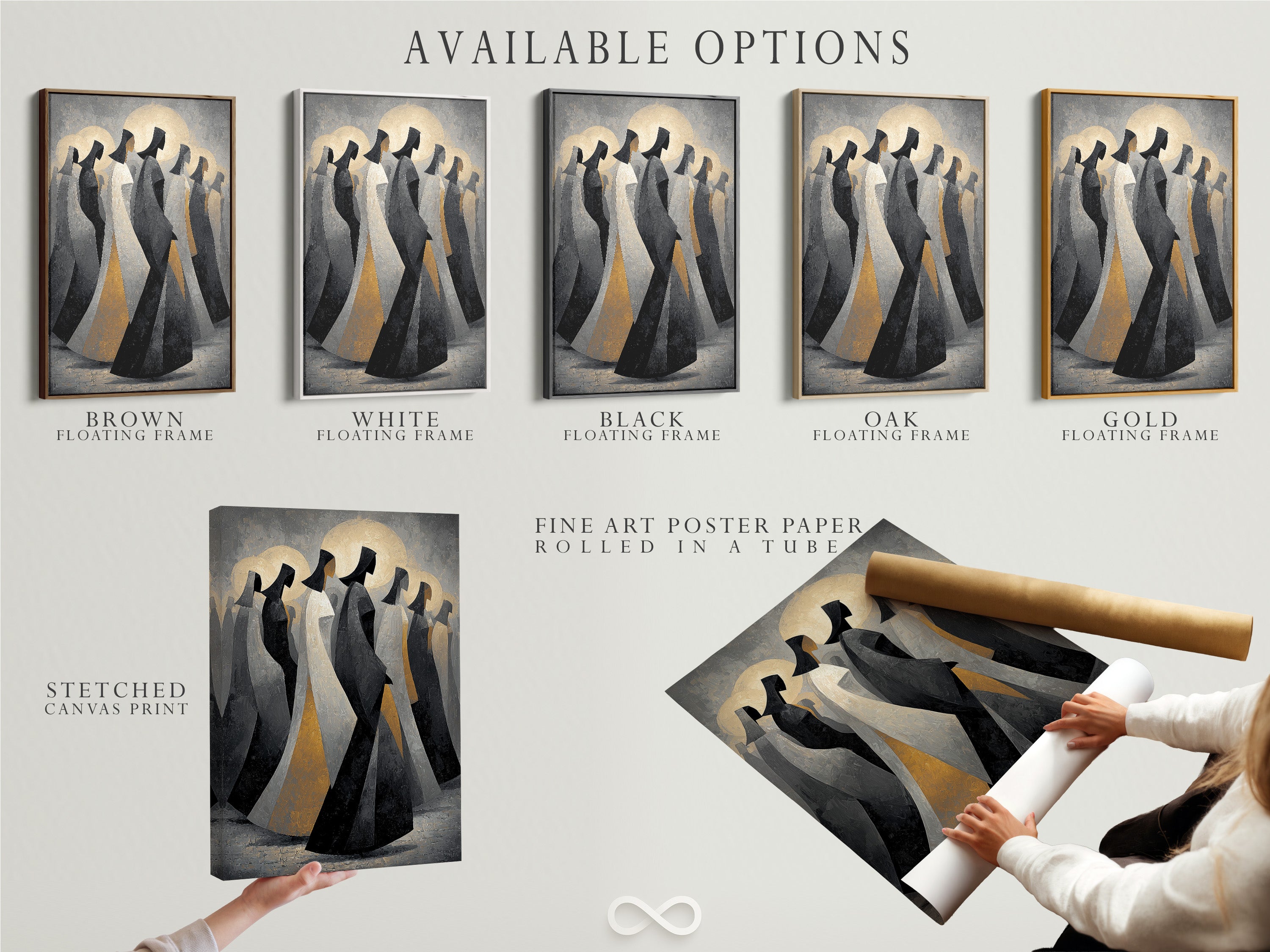Available options for the abstract hooded figures artwork. Options include a stretched canvas print. Also available is fine art poster paper and a floating frame. Find the perfect style for your decor.