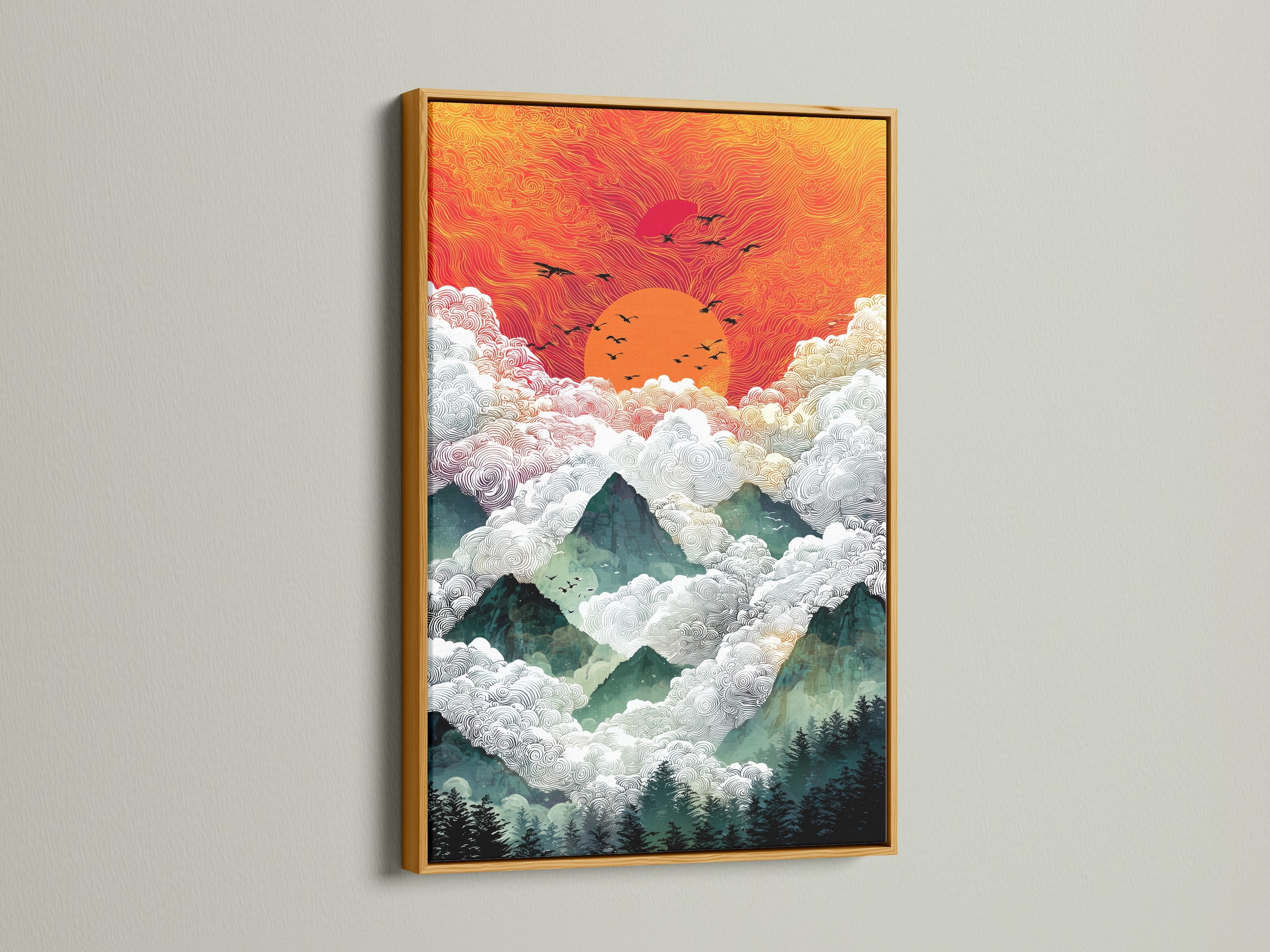 The Mountain Sunrise artwork is displayed in a gold frame. This orange wall art is a nature canvas. Elevate your living room or bedroom wall decor. This artwork is a perfect nature lover gift