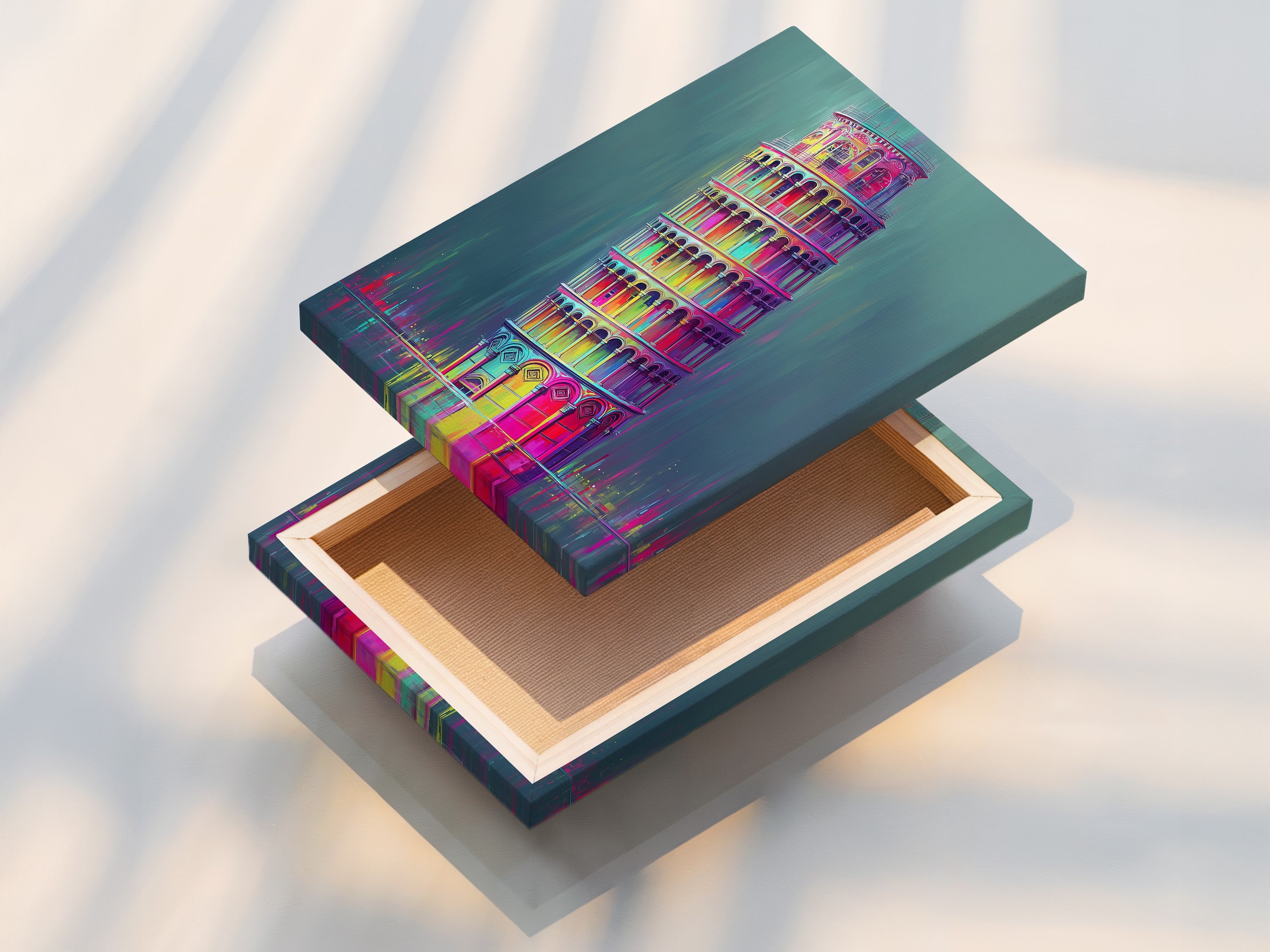 A stretched canvas print is ready to hang. The Leaning Tower of Pisa artwork looks stunning on canvas. This option provides a gallery ready finish. Elevate your office wall art with stretched canvas