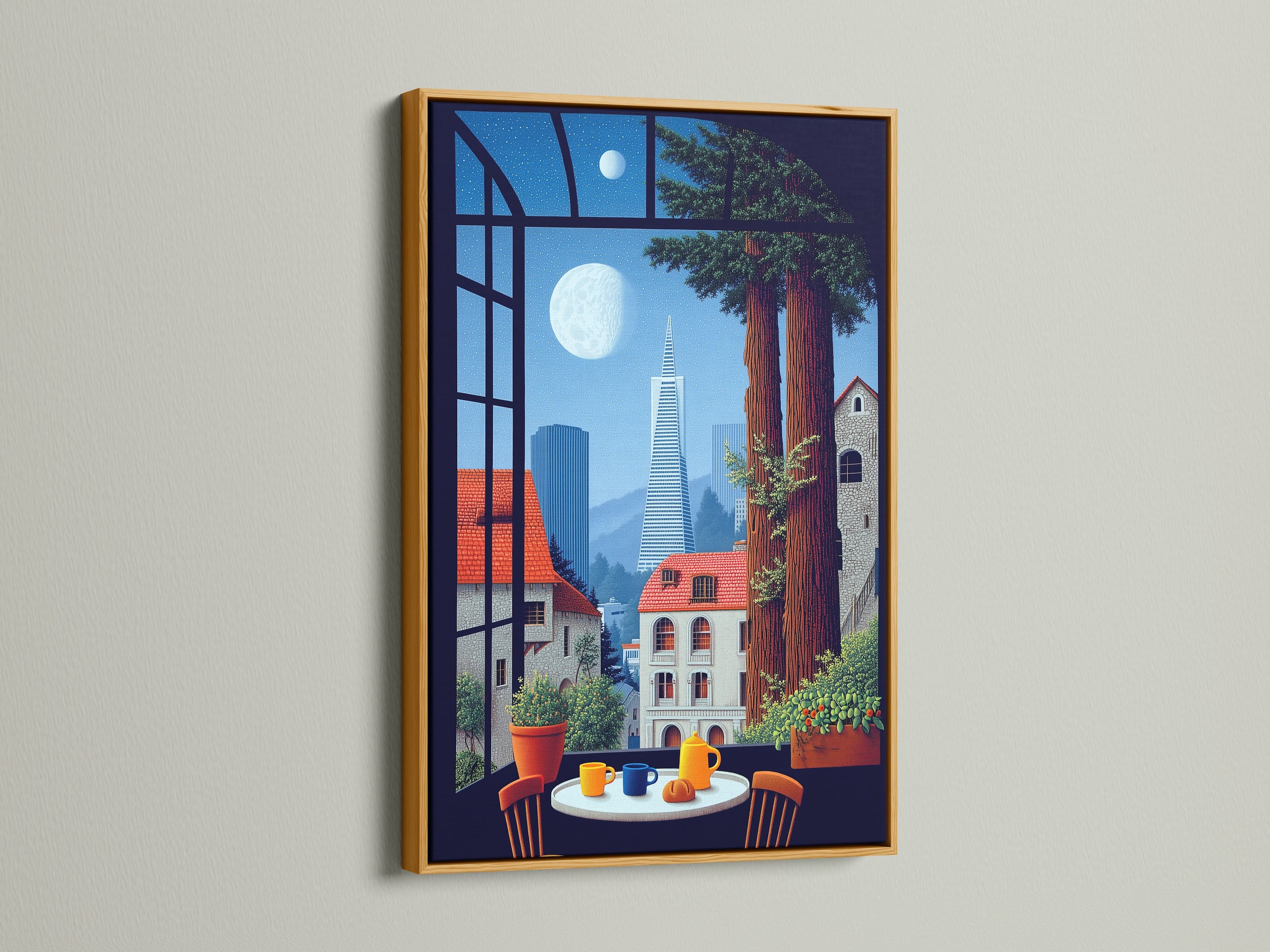 Framed cityscape artwork with a gold frame. Enjoy a window view of San Francisco. Elevate your dining room with urban wall decor. This city scene print brings California's artistry to your space. It is modern canvas art.