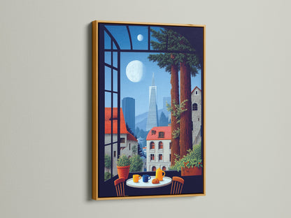 Framed cityscape artwork with a gold frame. Enjoy a window view of San Francisco. Elevate your dining room with urban wall decor. This city scene print brings California's artistry to your space. It is modern canvas art.