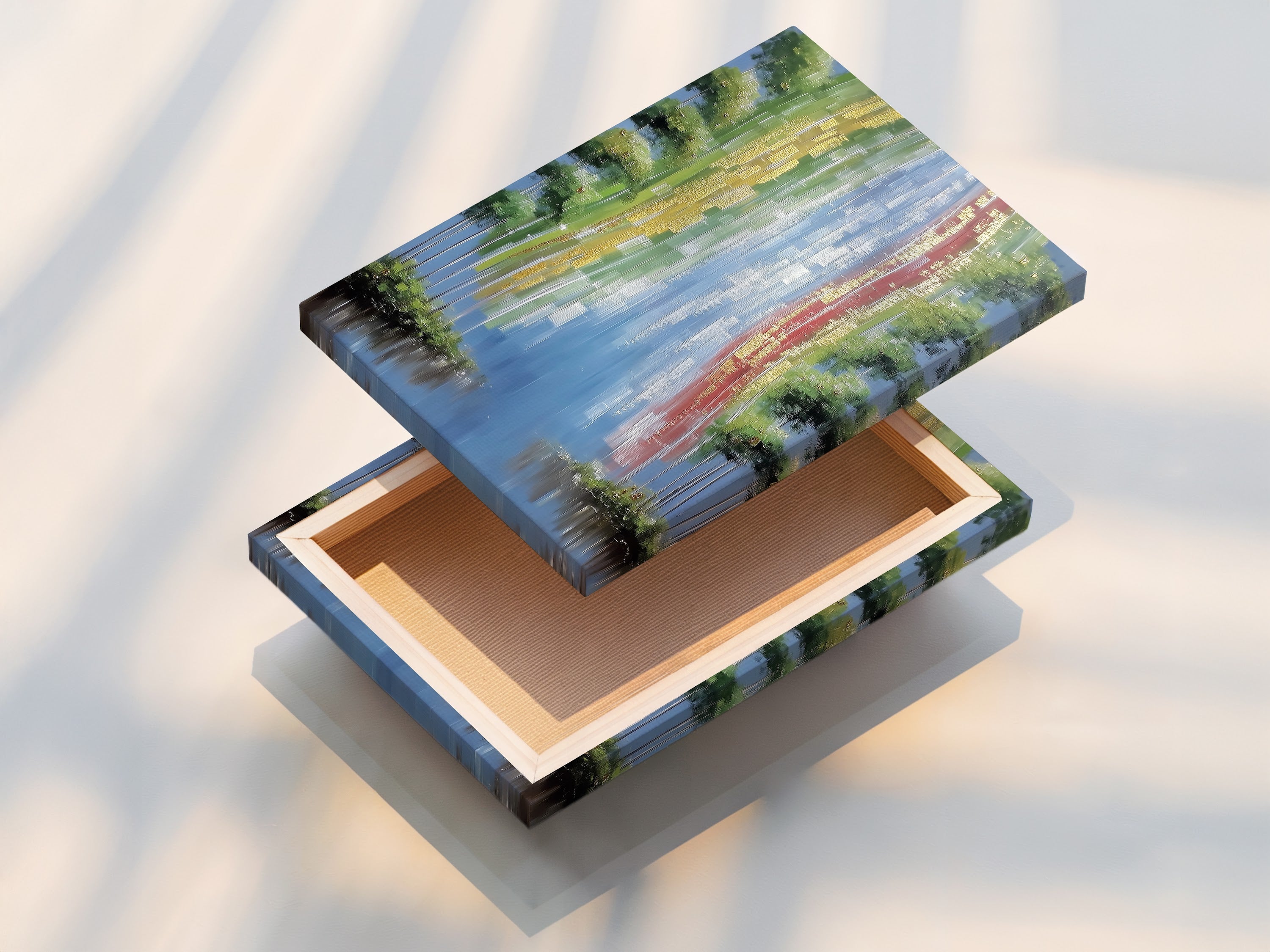 A beautifully stretched canvas print. Ready to hang abstract artwork. The stretched canvas print enhances the river print. Perfect nature wall art for any space. A contemporary art piece for homeowners and renters. Elevate your space.