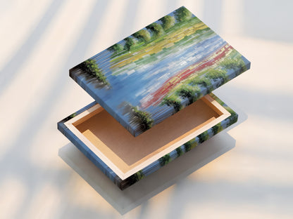 A beautifully stretched canvas print. Ready to hang abstract artwork. The stretched canvas print enhances the river print. Perfect nature wall art for any space. A contemporary art piece for homeowners and renters. Elevate your space.