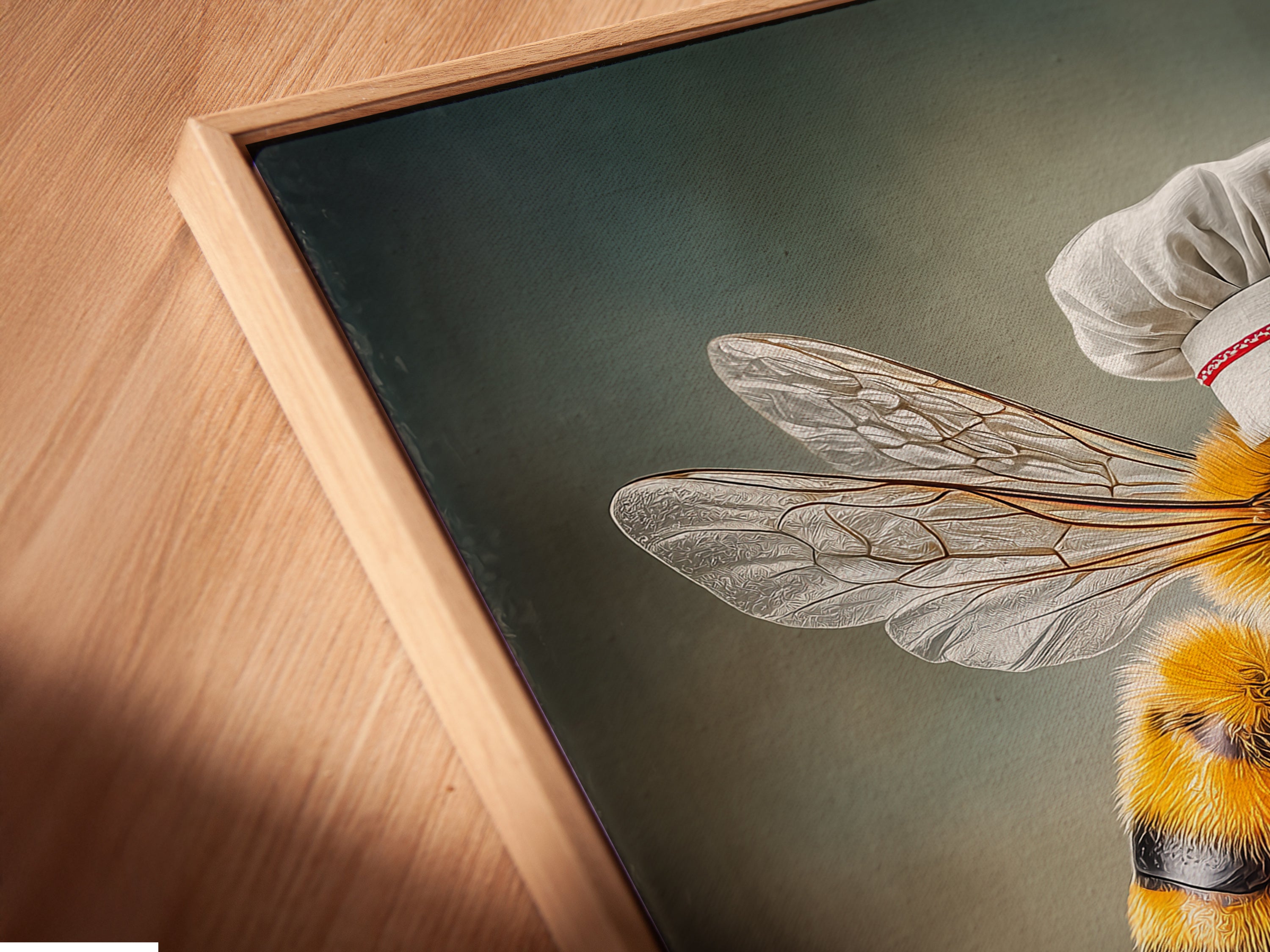 A close-up angled view shows a canvas print of Chef Bee in a floating frame. The fine art poster adds a modern touch to any space. Ideal for kitchens dining rooms or restaurants. Discover unique and cheerful artwork today.