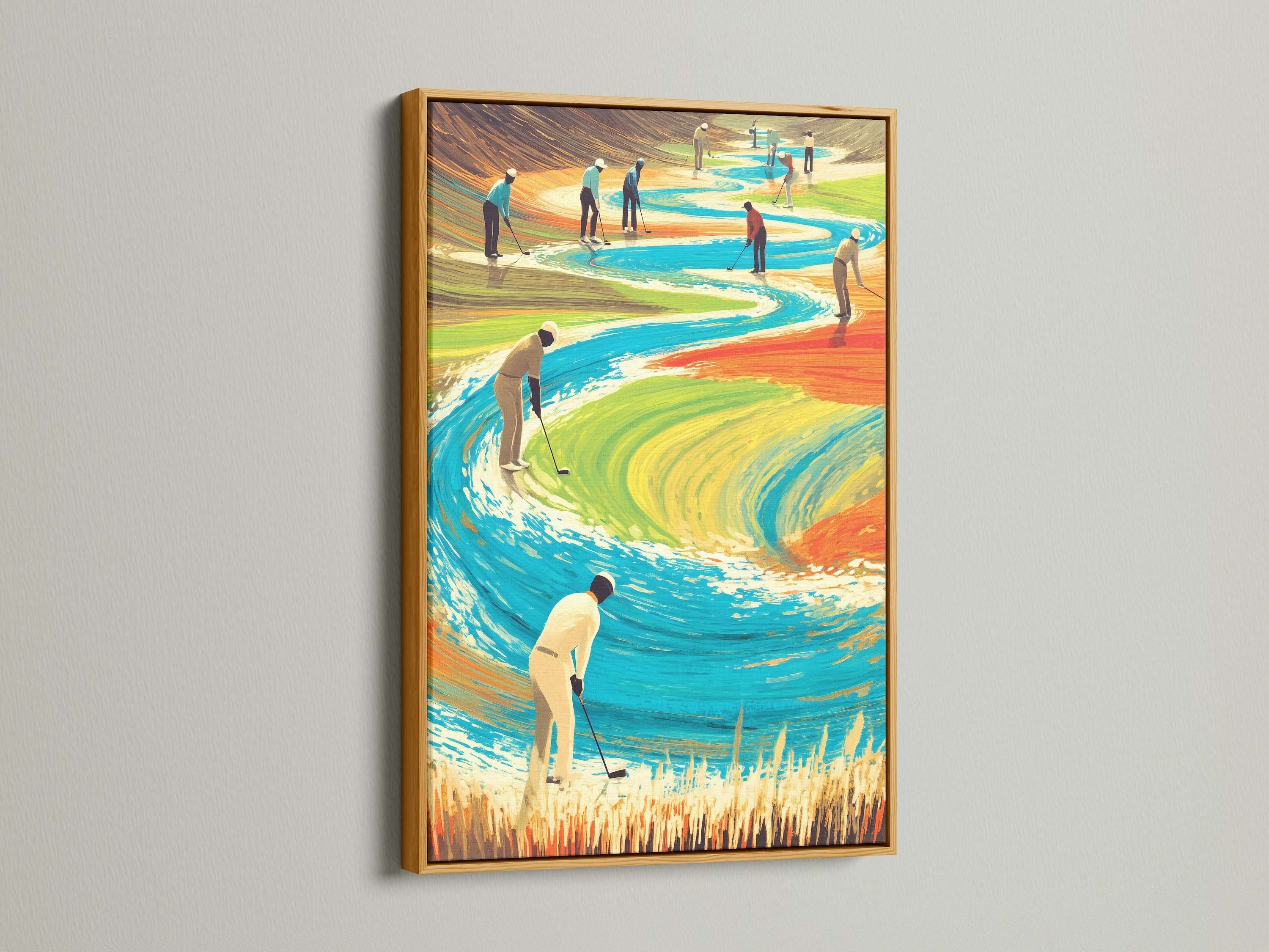Golf course artwork in a gold frame. This colorful sports art brings a touch of luxury to your walls. The gold frame enhances the artwork's vibrant colors. Perfect for adding a sophisticated touch to your home decor