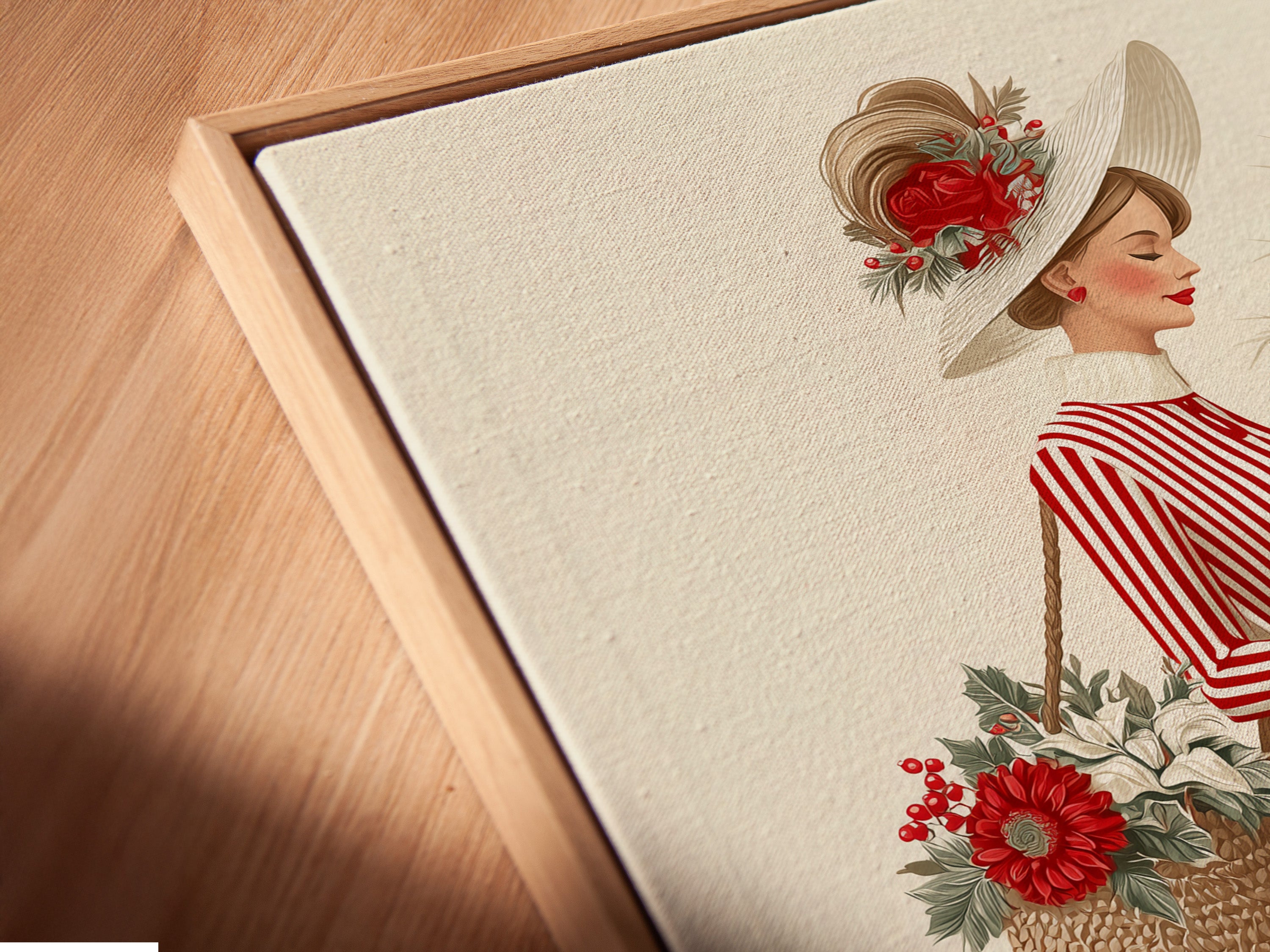 A close-up angled view reveals a canvas print in a floating frame. The artwork features a vintage lady in a red striped dress. The floating frame enhances the art's modern appeal. Perfect for adding a stylish touch to your decor.