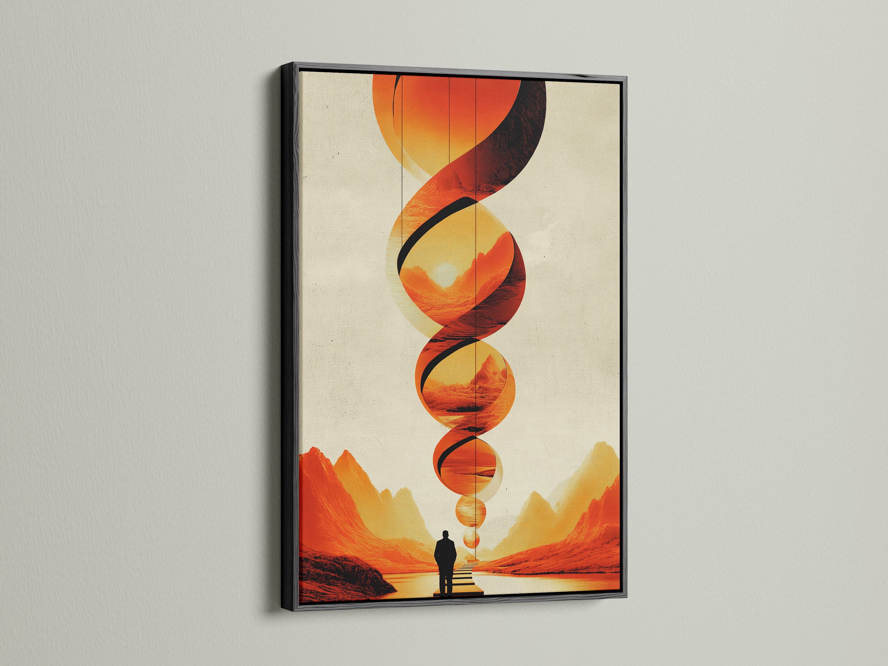 Abstract geometric artwork in a black frame. The painting features orange and red shades. This modern art print adds sophistication to any room. The black frame provides a sleek contrast. Ideal for contemporary interiors. This abstract artwork is perfect for living rooms and boardrooms. Elevate your space with this vibrant art piece.