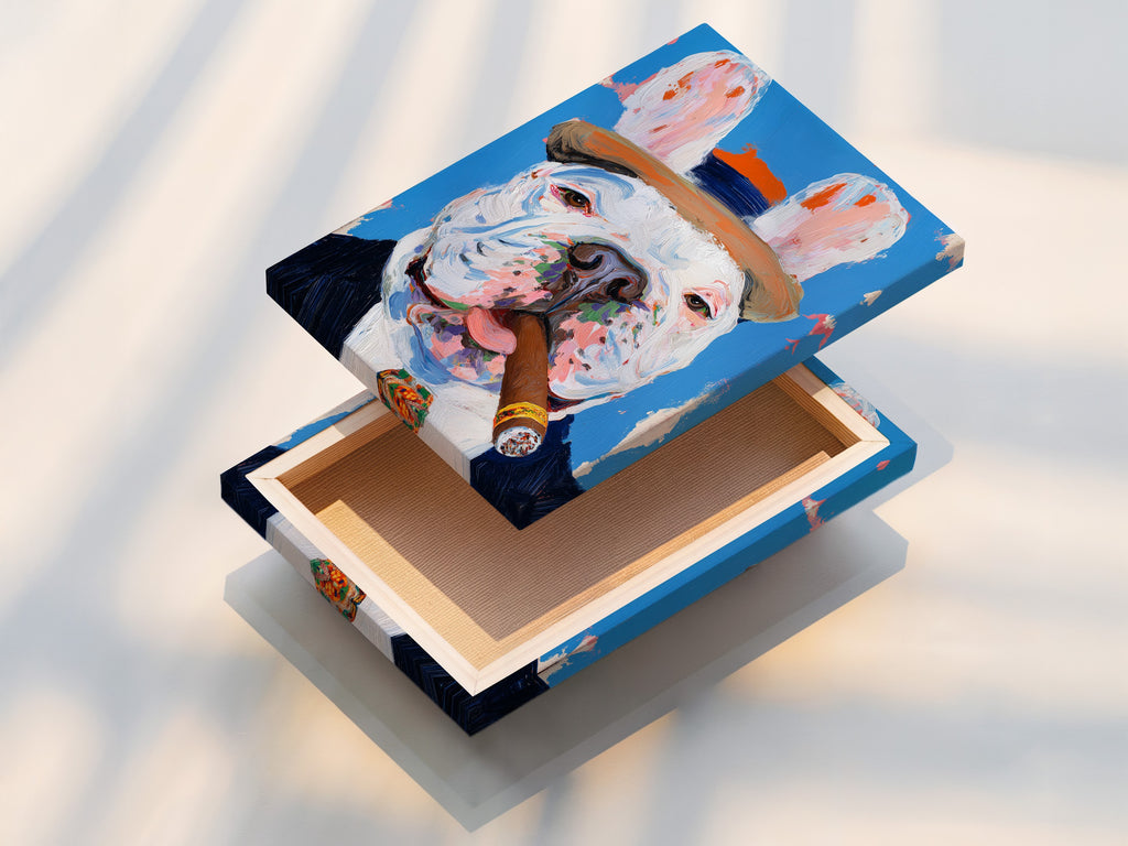 A stretched canvas print of a French Bulldog artwork is ready to hang. The artwork features a cigar-smoking dog a quirky pet portrait ideal for man cave decor. This format offers a gallery-wrapped look perfect for any room.