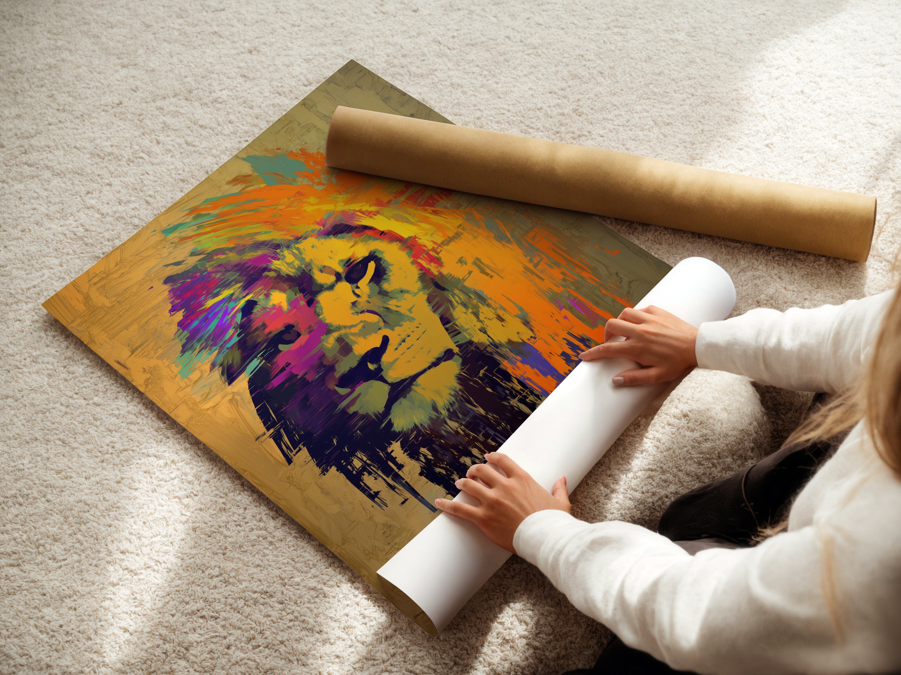 A woman is carefully unrolling a fine art poster paper. The fine art paper showcases the artwork's intricate details. High-quality materials ensure lasting beauty. Order your fine art prints today. Experience the superior quality of our fine art prints.