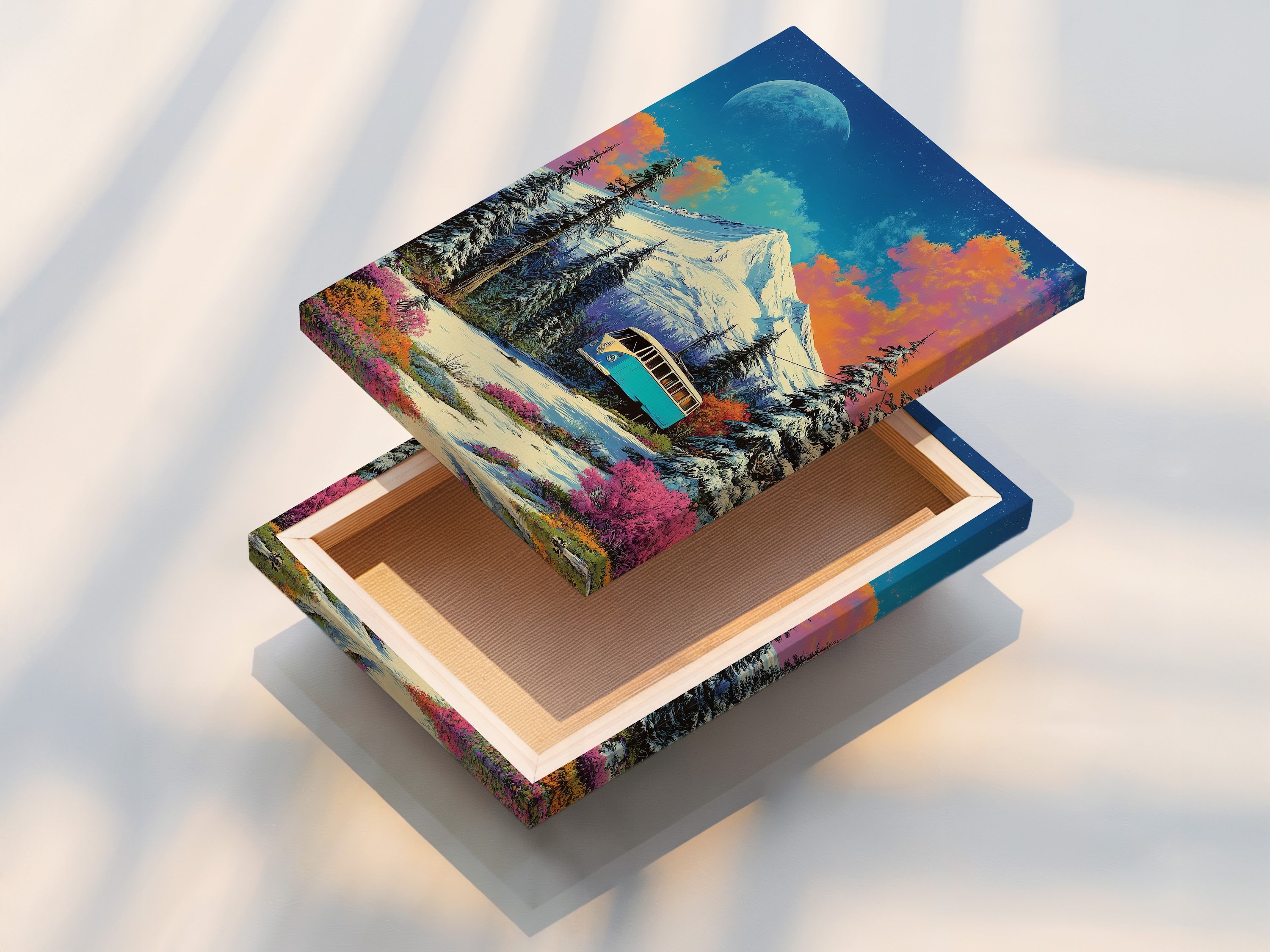 A stretched canvas print features a vintage bus mountain scene. This retro travel artwork captures a colorful adventure landscape. It's ideal for adding character to your living room or bedroom decor.