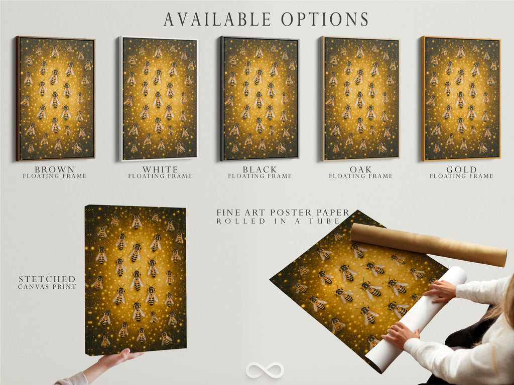 Explore the available options for the Beehive Canvas Print. Choose from a stretched canvas print fine art poster paper or floating frame. Find the perfect style to match your decor. This golden insect artwork is versatile. It is a great gift.