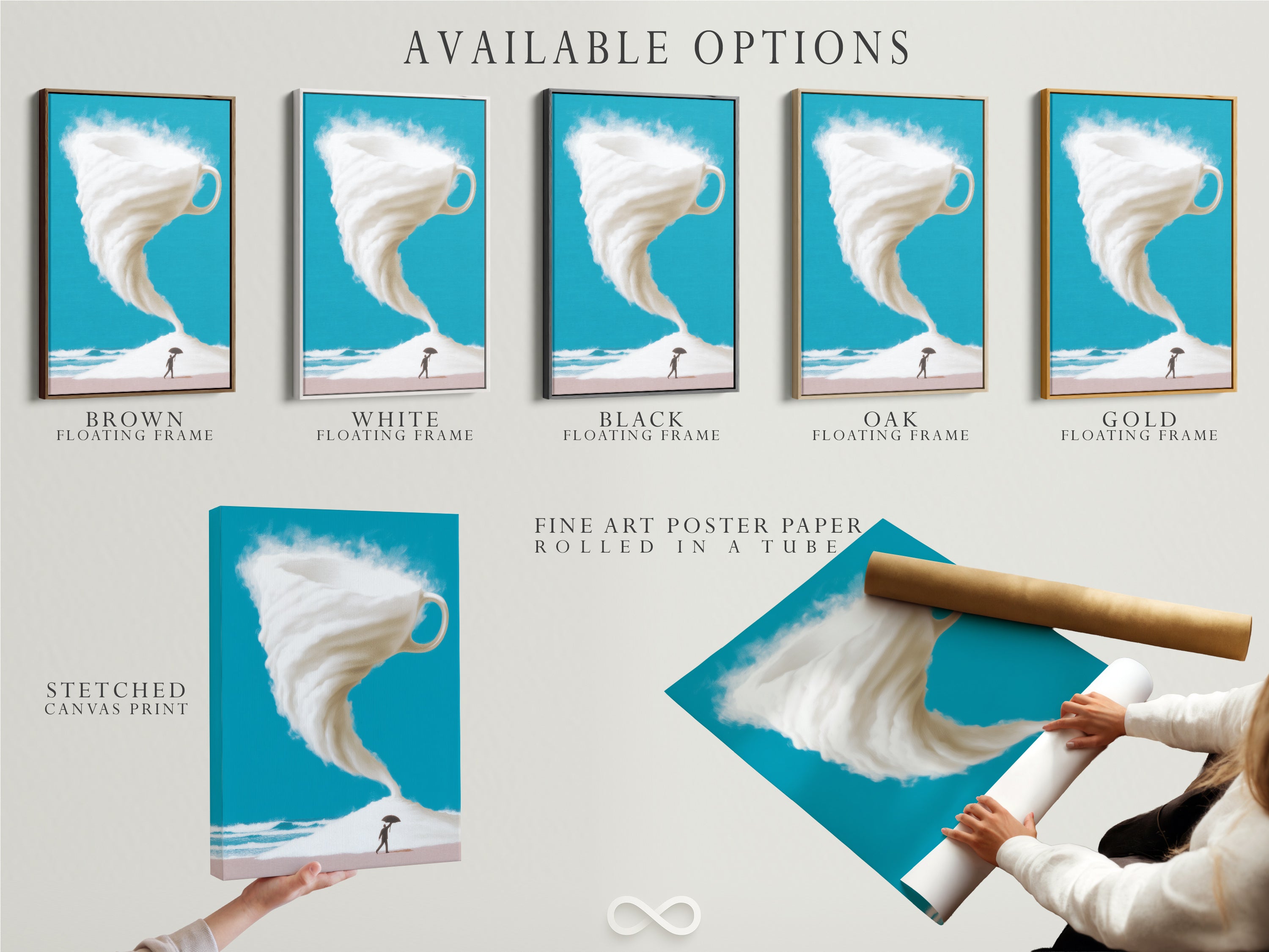 Explore the available options for this surreal coffee cup storm artwork including stretched canvas prints fine art poster paper and floating frames. This turquoise sky and fantasy beach art is perfect for modern home decor. Choose the perfect format to suit your style.