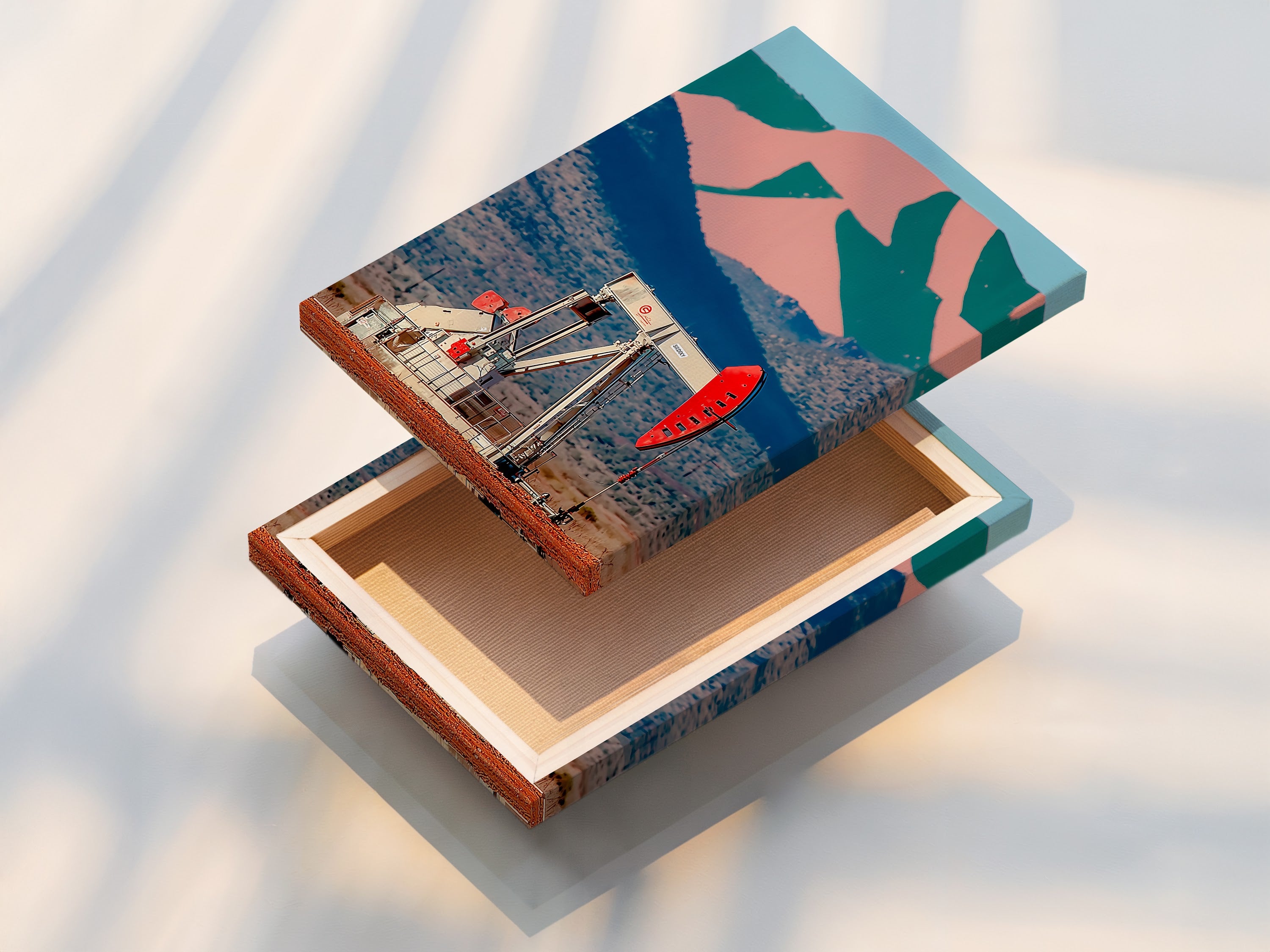 This is a stretched canvas print of a desert oil pump. The artwork showcases an industrial landscape in a retro pop art style. Perfect for adding vintage Americana flair. Ideal as office wall decor or a unique art piece.