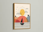 Nautical Sailboat Artwork with Gold Frame. The gold frame adds a touch of elegance to the abstract artwork. Perfect for adding sophistication to living rooms. It enhances modern artwork. It is a sea landscape.