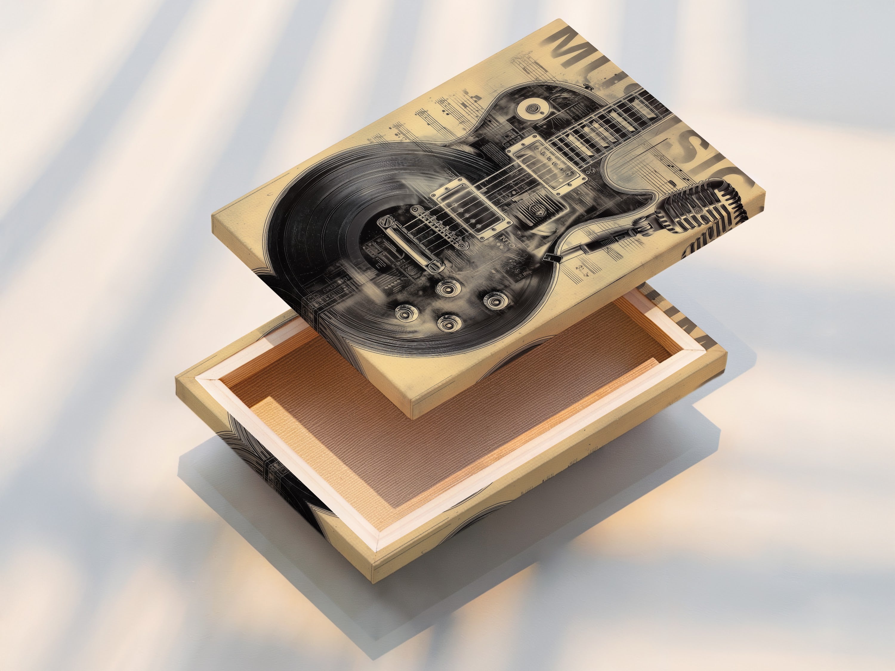 A stretched canvas print of vintage guitar music artwork. The print features a guitar and microphone. This is a great option for music lovers. Enhance your decor with this musical instrument poster. Perfect for music rooms.