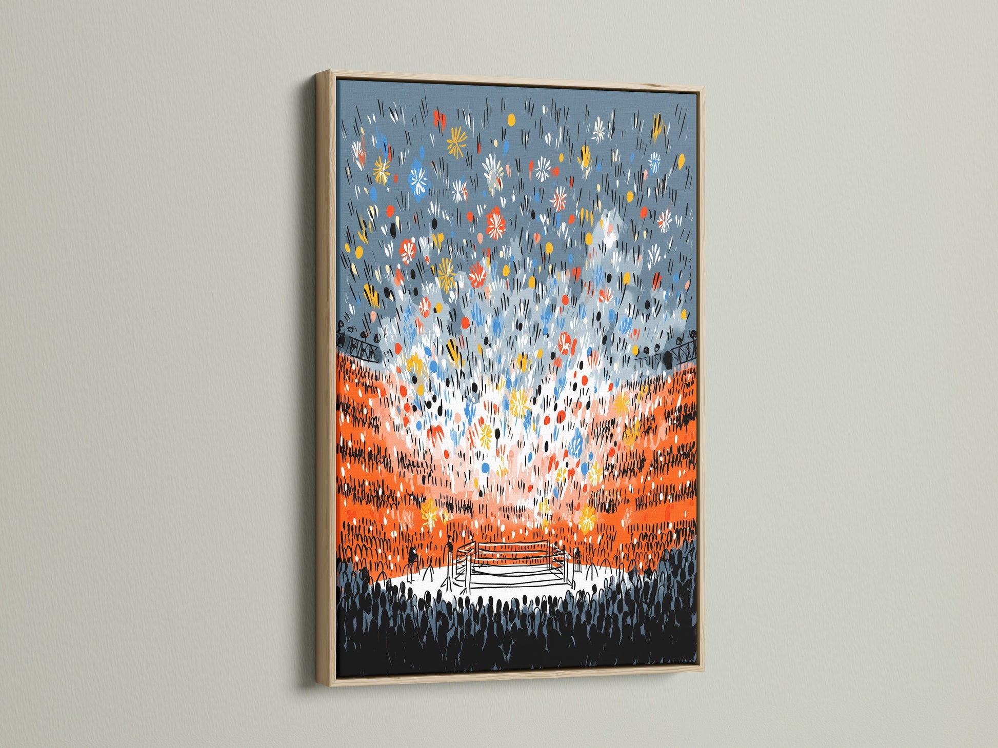A captivating fight night boxing art print in an oak frame. The artwork features an energetic crowd and bright lights around the boxing ring. Elevate your man cave decor with this unique sports arena artwork. This canvas print is perfect for boxing fans.