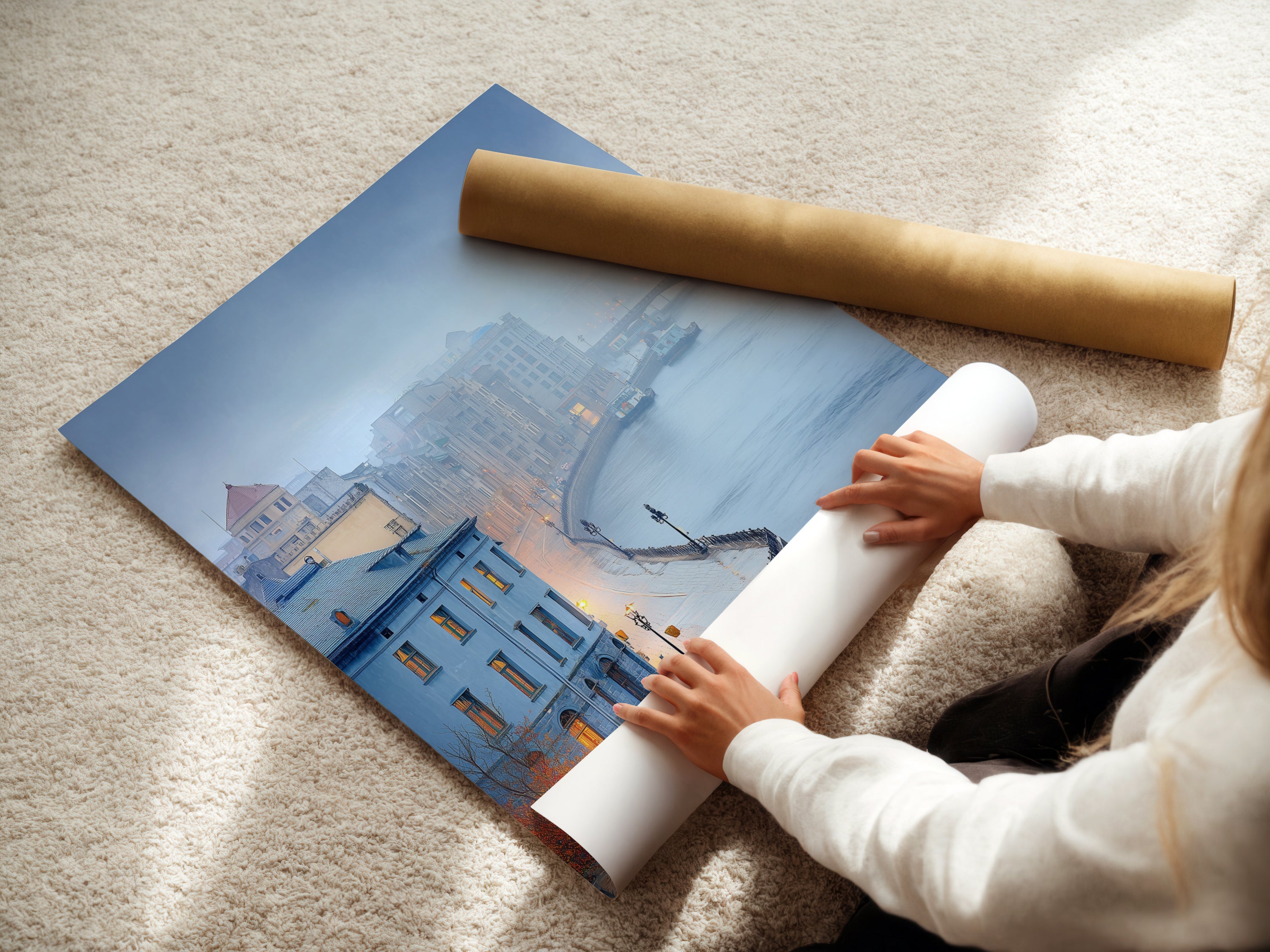 A woman carefully rolls a fine art poster paper. The paper features a cityscape art print. It's perfect for adding vintage European city decor. Ideal for art enthusiasts and collectors.