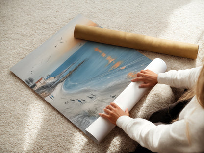 A woman is carefully rolling a fine art poster paper. This coastal wall art will soon become a stunning print. High-quality beach canvas art is being prepared. Ocean sunset print ready for framing. Ensuring a perfect seaside landscape artwork.