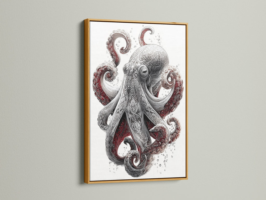 The Octopus art print is featured in a gold frame. This frame will add a touch of elegance to your space. This marine biology art is perfect for a beach house. Bring the beauty of the ocean indoors with this tentacle art print.