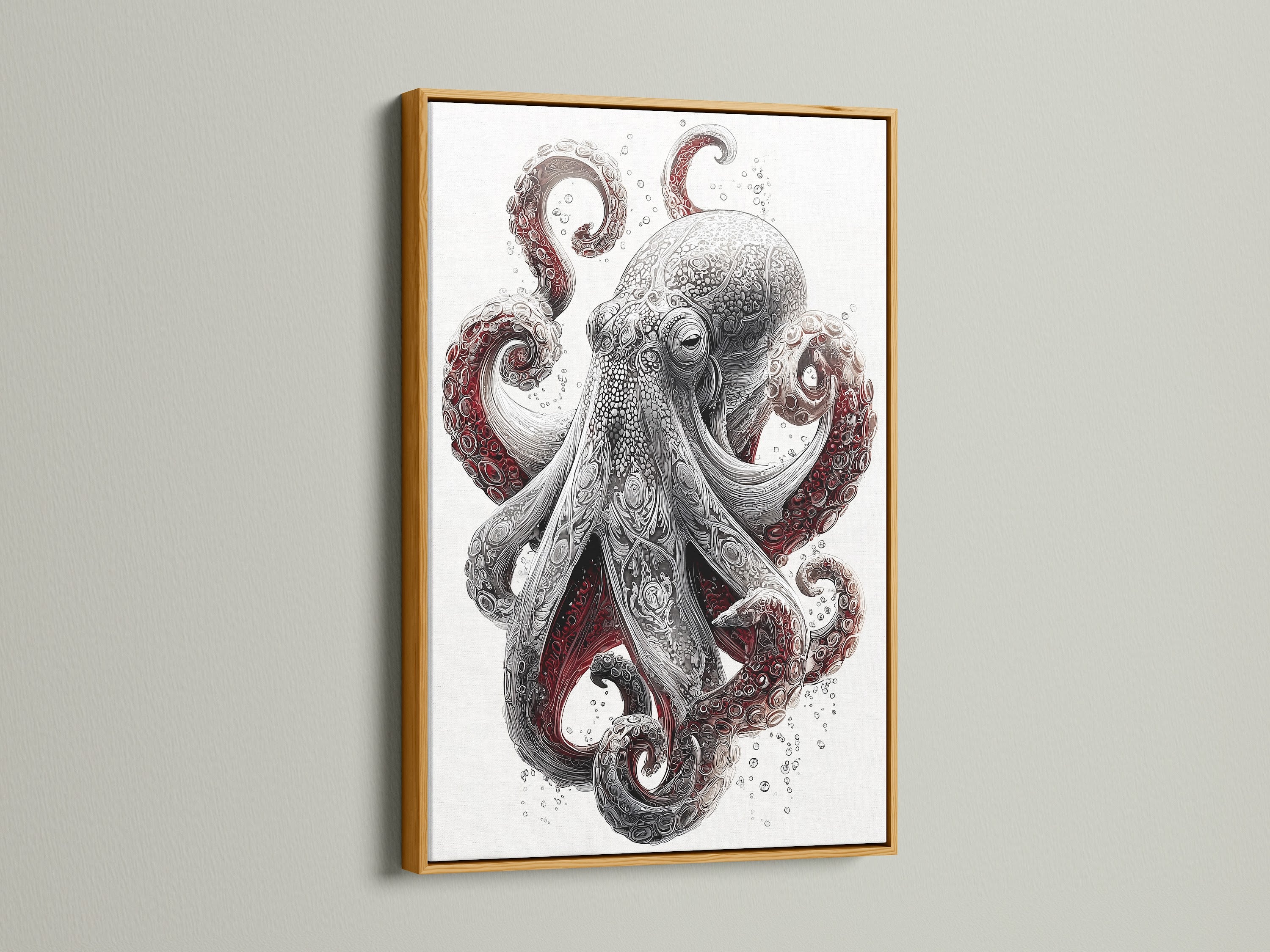 The Octopus art print is featured in a gold frame. This frame will add a touch of elegance to your space. This marine biology art is perfect for a beach house. Bring the beauty of the ocean indoors with this tentacle art print.
