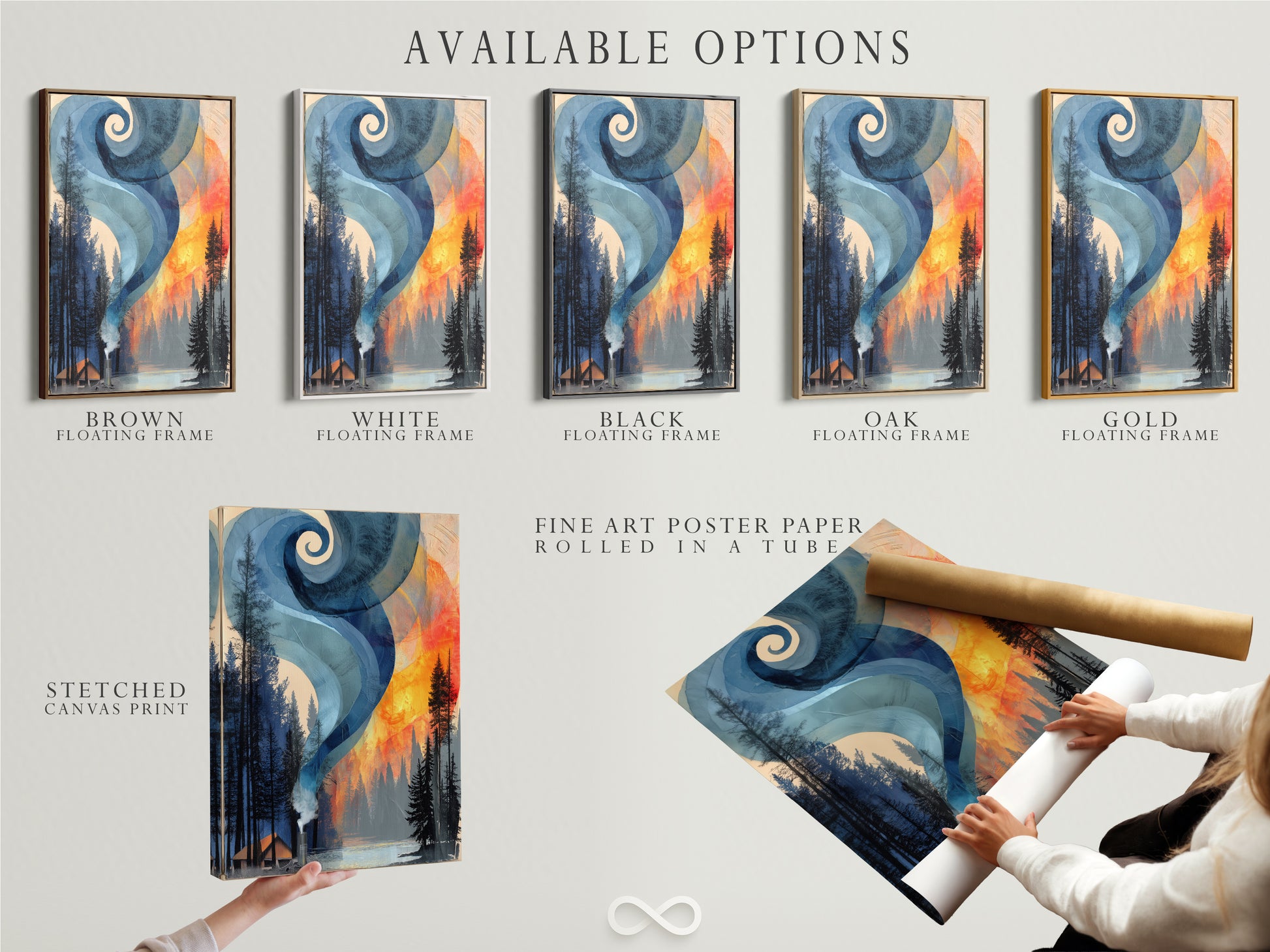 Available options for the modern abstract landscape artwork. Options include a stretched canvas print a fine art poster paper and a floating frame. Find the perfect option for your space today.