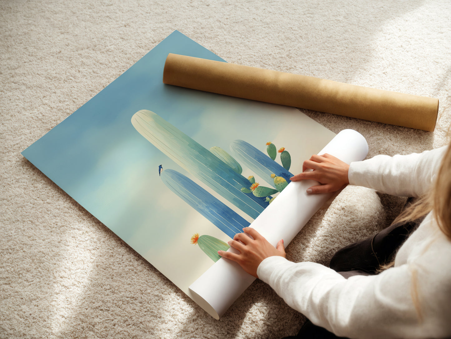 A woman is carefully rolling a fine art poster paper. It's the perfect way to protect your desert wall art. Fine art poster paper ensures a high-quality southwestern art print. Preserve your blue art print with care.
