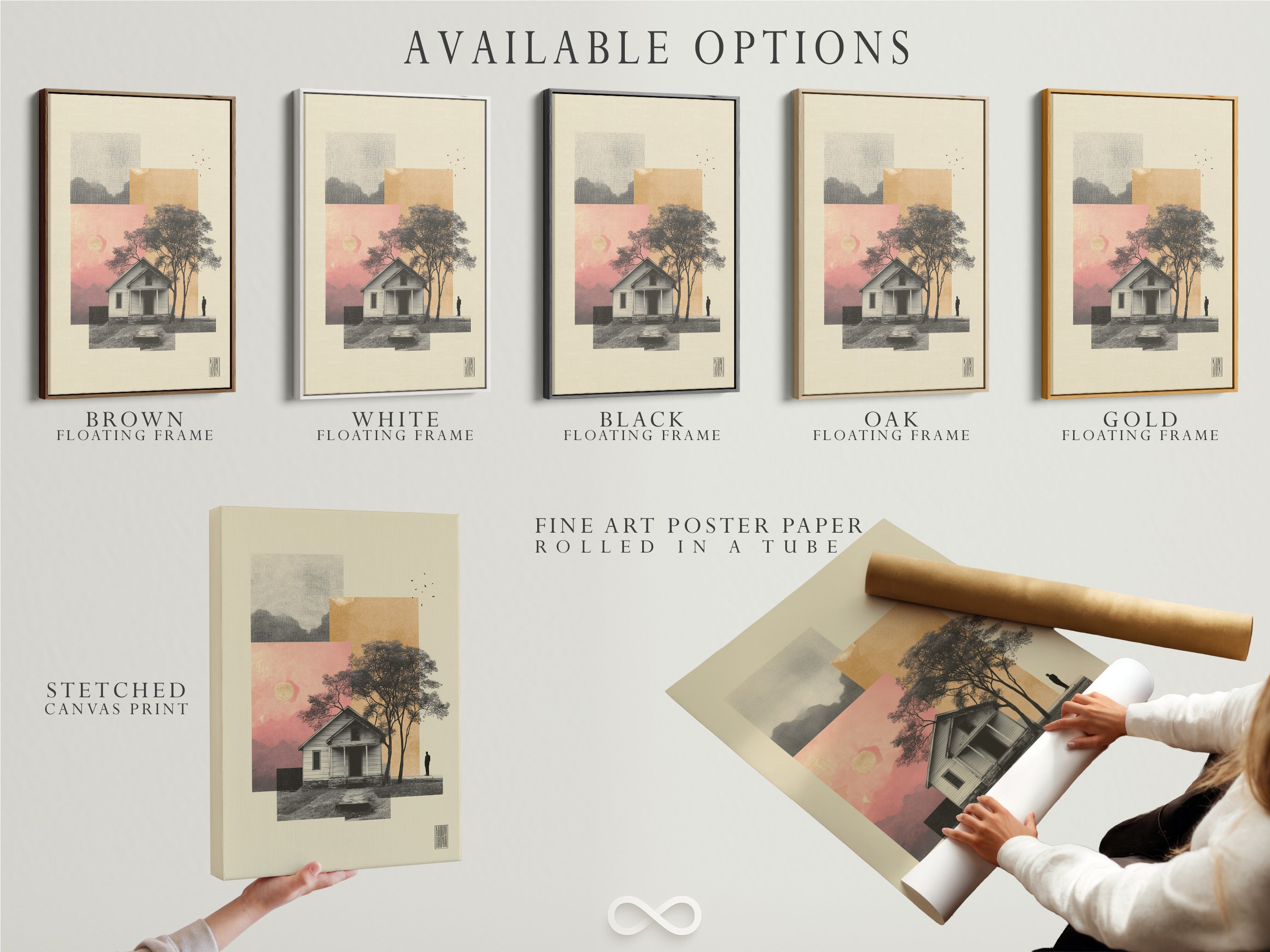 Available artwork options are displayed. Stretched canvas prints are available. Fine art poster paper is another choice. Consider a floating frame for a modern look. Choose the best option for your style. Each enhances artwork uniquely.