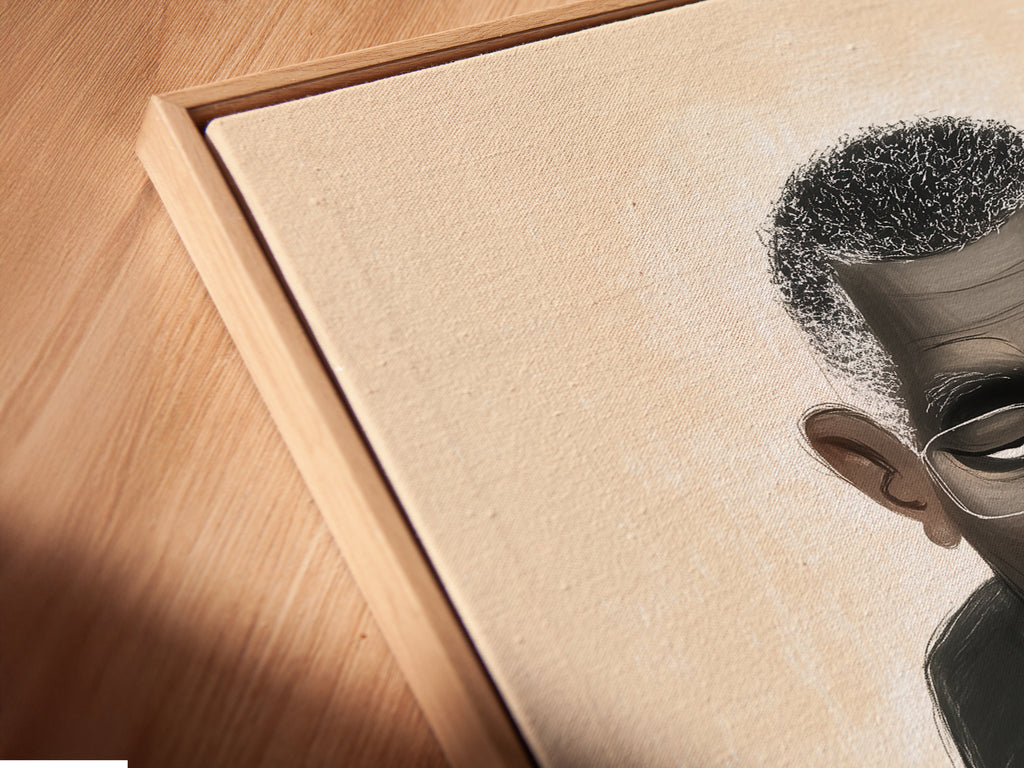 A close-up of a canvas print is displayed in a floating frame. The artwork is a modern minimalist portrait. It is ideal for adding a refined touch to your space. Consider it for living room art.