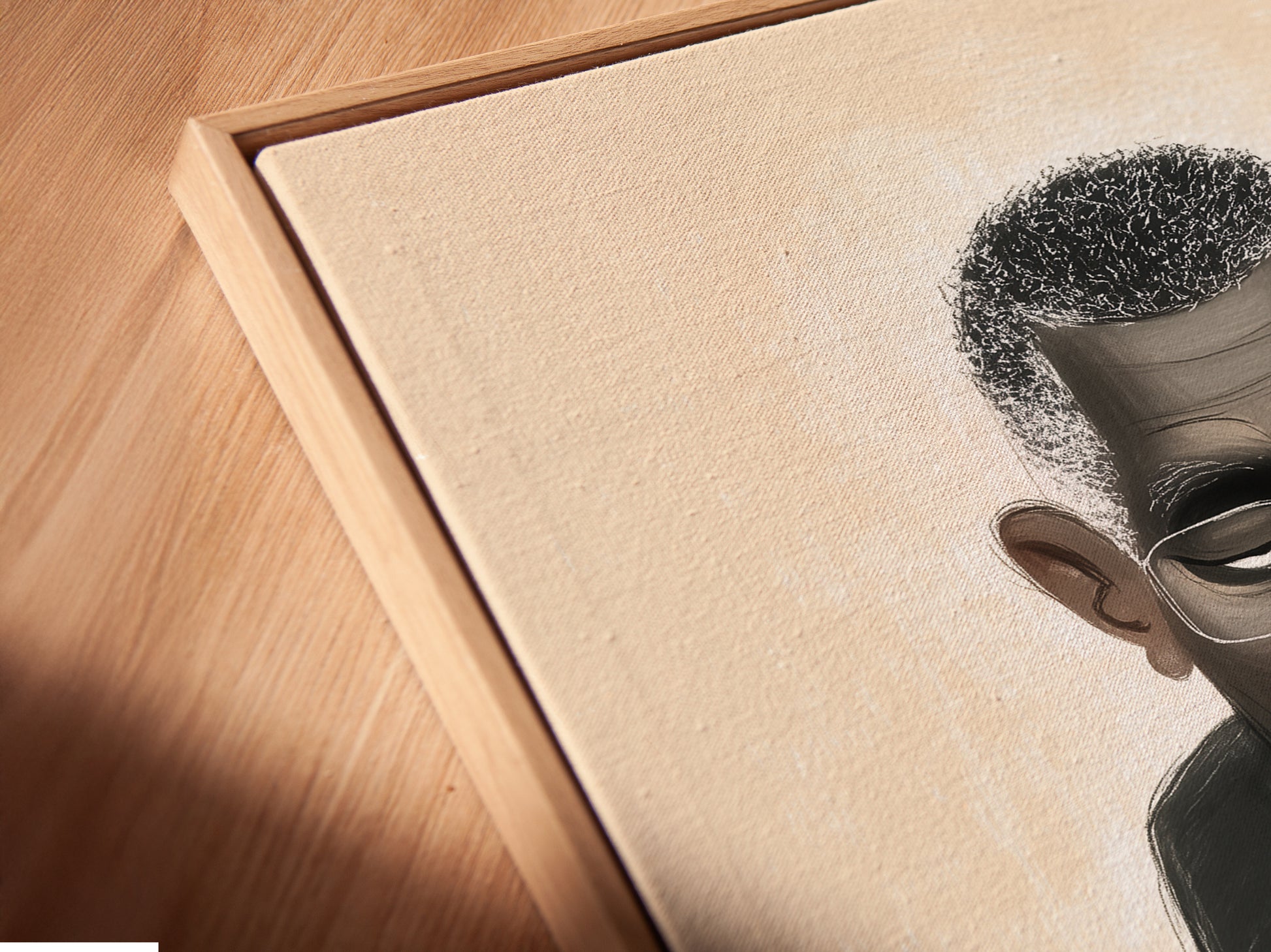 A close-up of a canvas print is displayed in a floating frame. The artwork is a modern minimalist portrait. It is ideal for adding a refined touch to your space. Consider it for living room art.