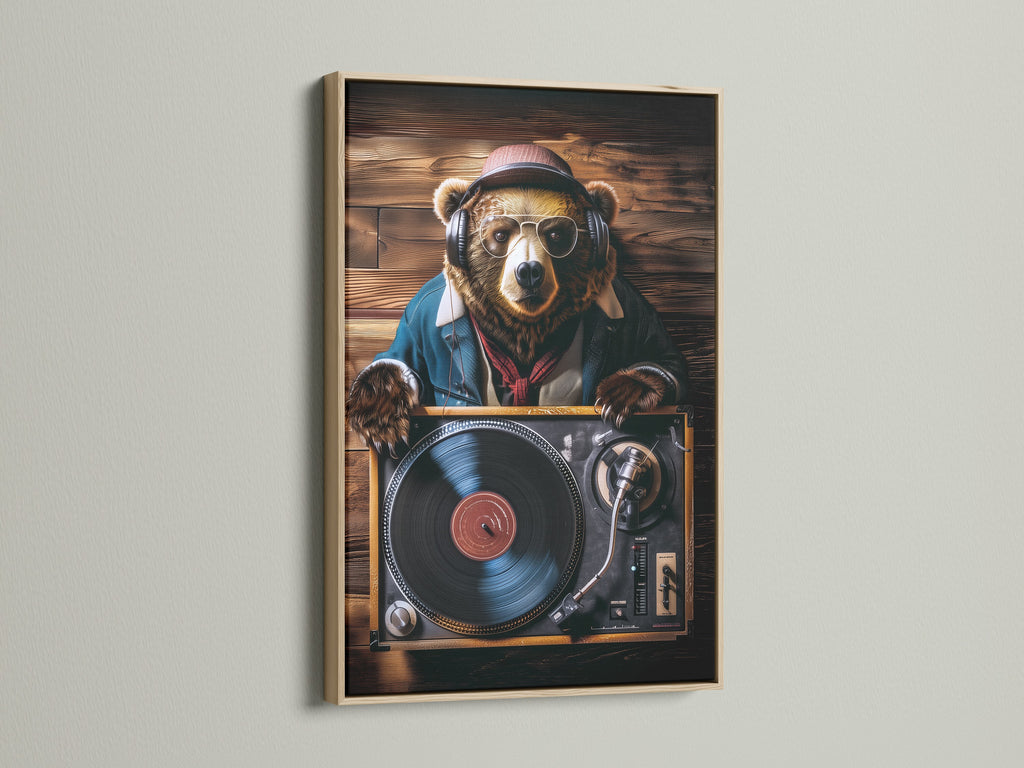 An oak frame displays a trendy bear DJ art print. The artwork features a bear wearing headphones and sunglasses. The bear is set against a wooden background. The oak frame complements the artwork. Get ready to groove with this unique piece.