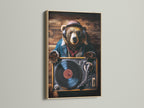 An oak frame displays a trendy bear DJ art print. The artwork features a bear wearing headphones and sunglasses. The bear is set against a wooden background. The oak frame complements the artwork. Get ready to groove with this unique piece.