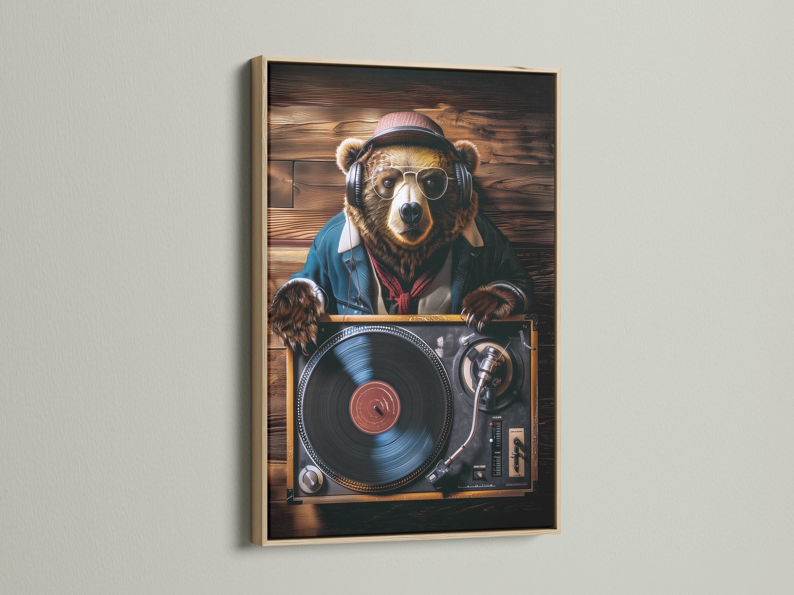 An oak frame displays a trendy bear DJ art print. The artwork features a bear wearing headphones and sunglasses. The bear is set against a wooden background. The oak frame complements the artwork. Get ready to groove with this unique piece.