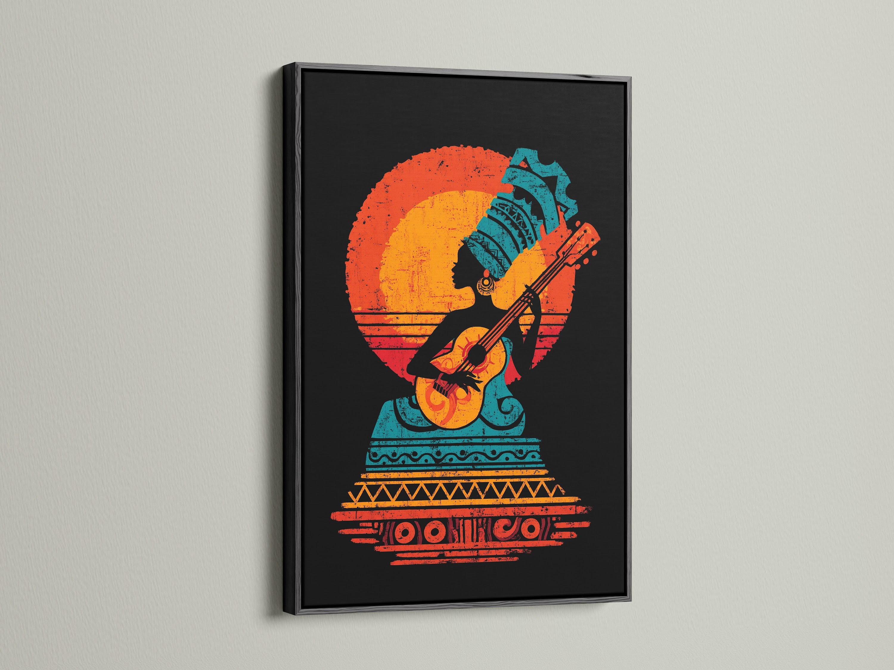 Azteekse gitaarspeler kunstprint - vintage zonsondergang muziekposter, Boheemse wandkunst, akoestische gitaardecoratie, tribale muzikant