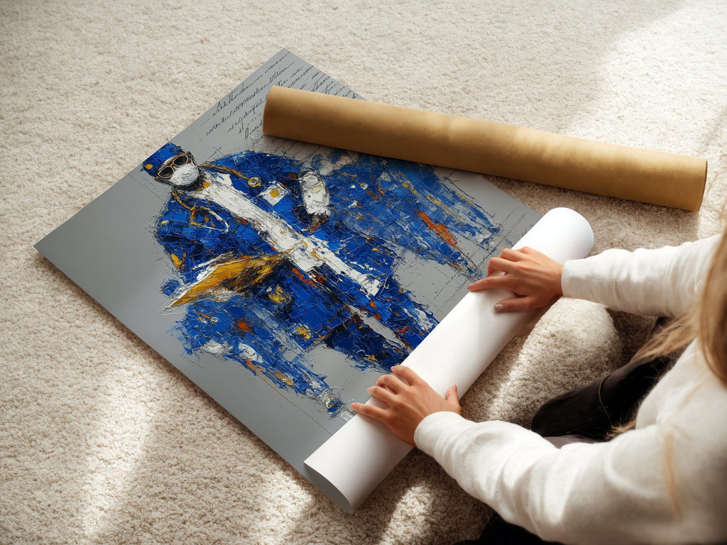 A woman is carefully rolling a fine art poster paper. The paper features a blue abstract portrait. This highlights the care and quality of fine art prints. Perfect for medical heroes art or office wall art.