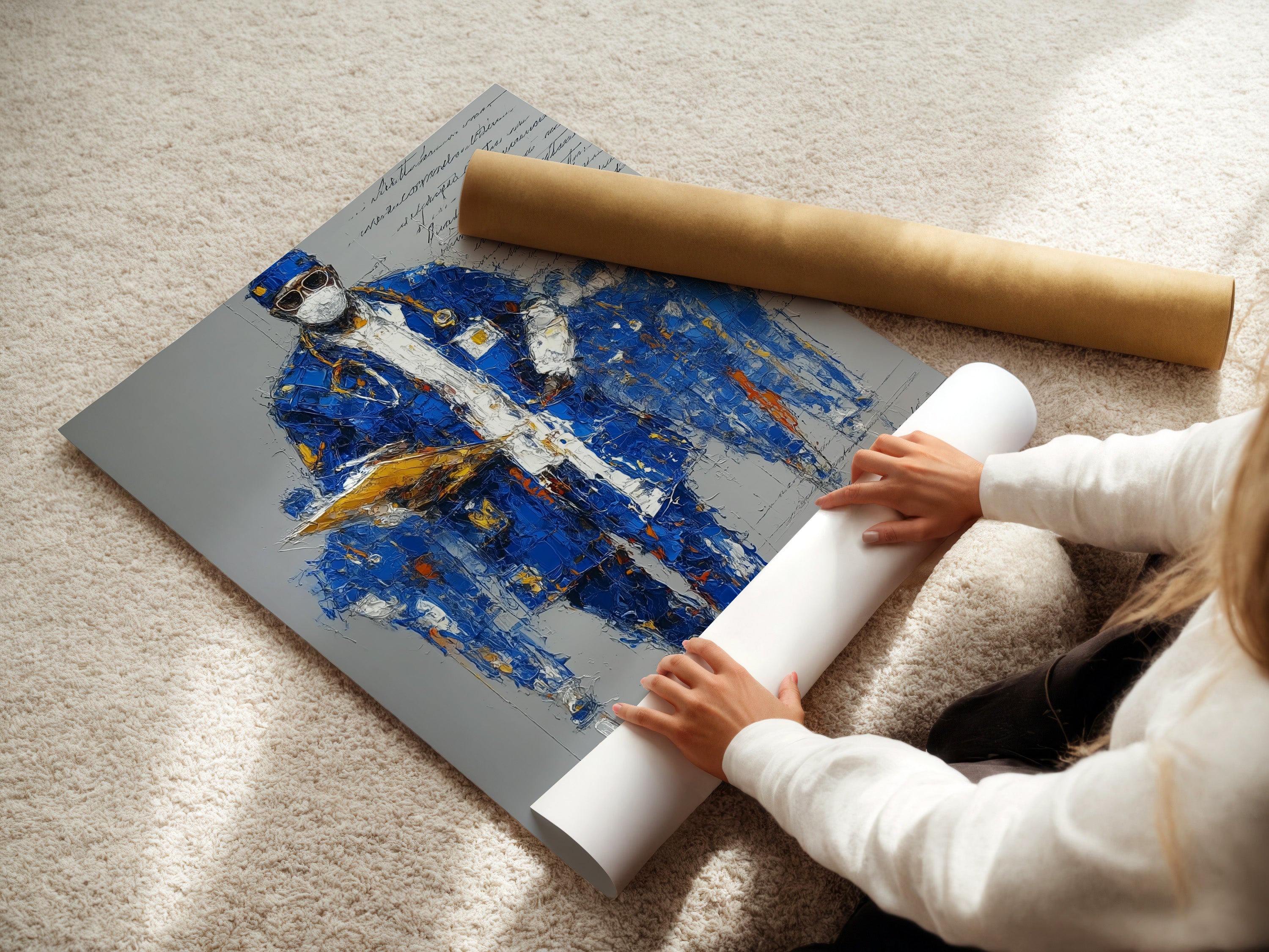 A woman is carefully rolling a fine art poster paper. The paper features a blue abstract portrait. This highlights the care and quality of fine art prints. Perfect for medical heroes art or office wall art.