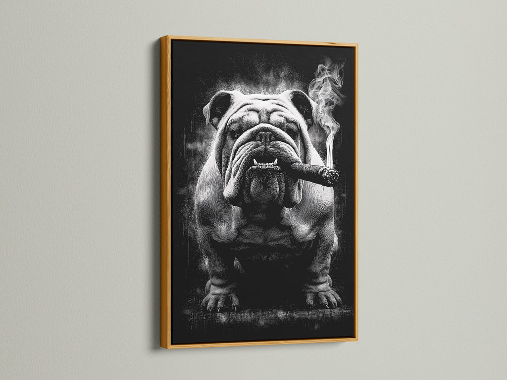 Bulldog smoking canvas artwork in a gold frame. This cool dog canvas is a great gift for dog lovers. The black and white art complements various interior styles. Add a touch of retro charm with this unique bulldog artwork.