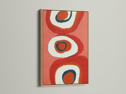 Showcase your love for vintage modern artwork with this abstract canvas print. The oak frame enhances the retro orange geometric art. A stylish addition to any room. Ideal for homeowners and interior decorators seeking unique wall decor.