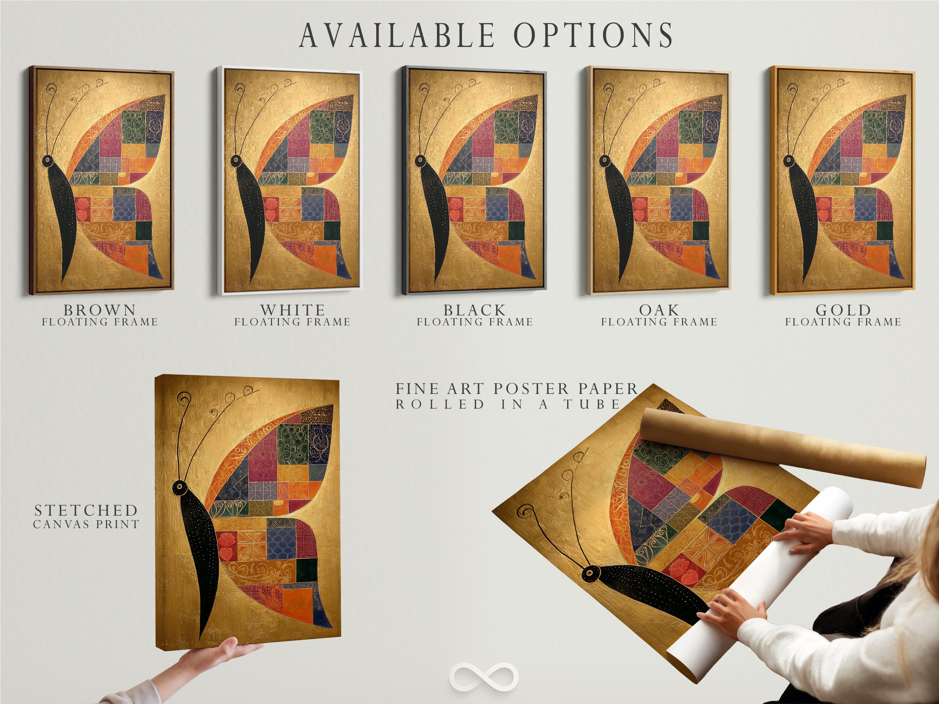 This image highlights available options. These include stretched canvas prints. Also fine art poster paper and floating frames. Customize your artwork to match your style. Explore our diverse range of presentation options now