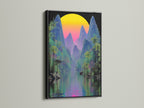 A striking black frame highlights this tropical mountain artwork. The artwork features a cyberpunk nature scene with a retro wave aesthetic. The colorful sunset and palm tree art make it a perfect addition to any room. Ideal summer wall art.