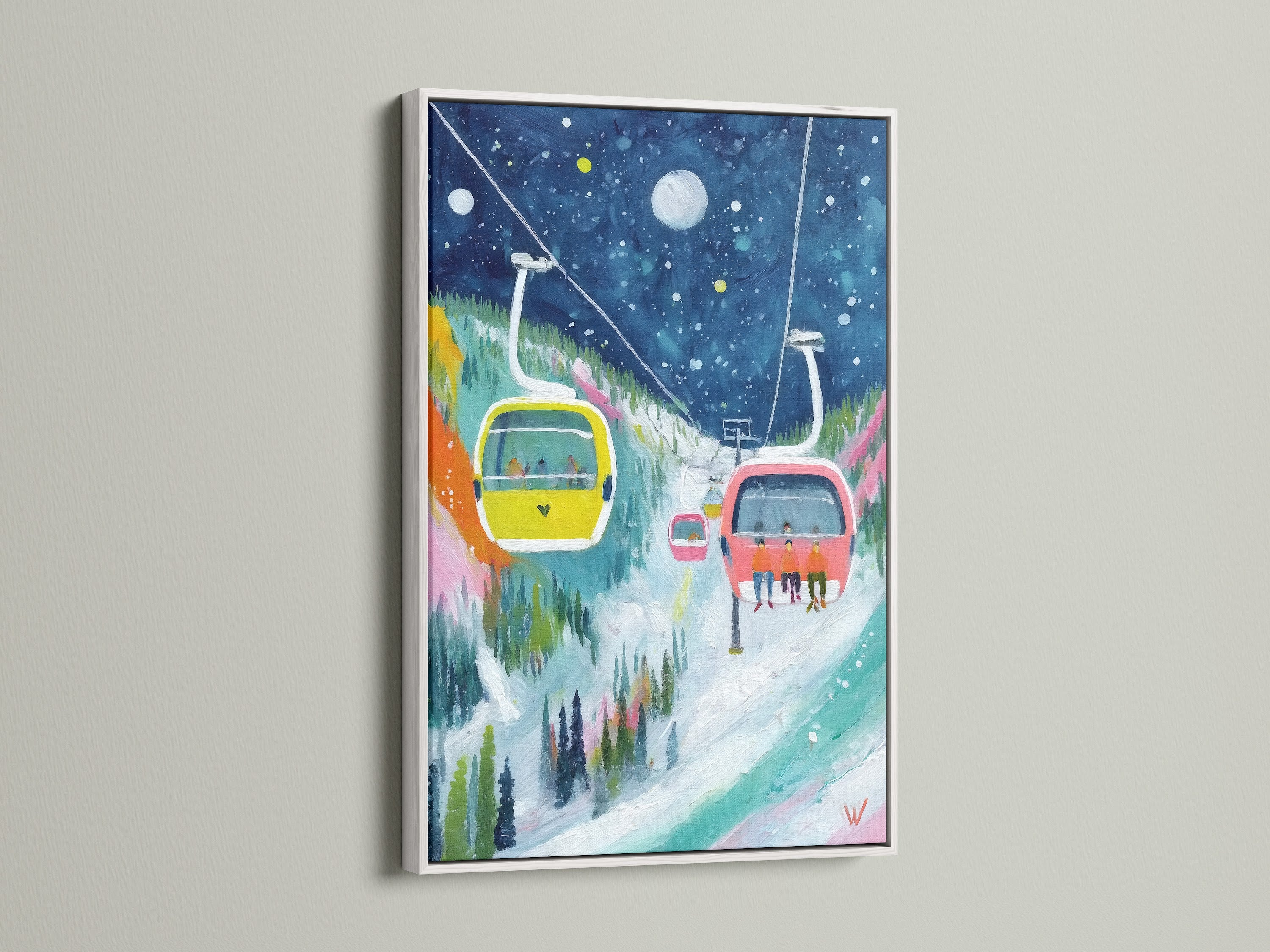 Ski Lift Canvas Print with a white frame. Elevate your space with this winter mountain wall art. This colorful snow scene artwork enhances bedroom decor. The artwork shows skiers on a snowy mountain.