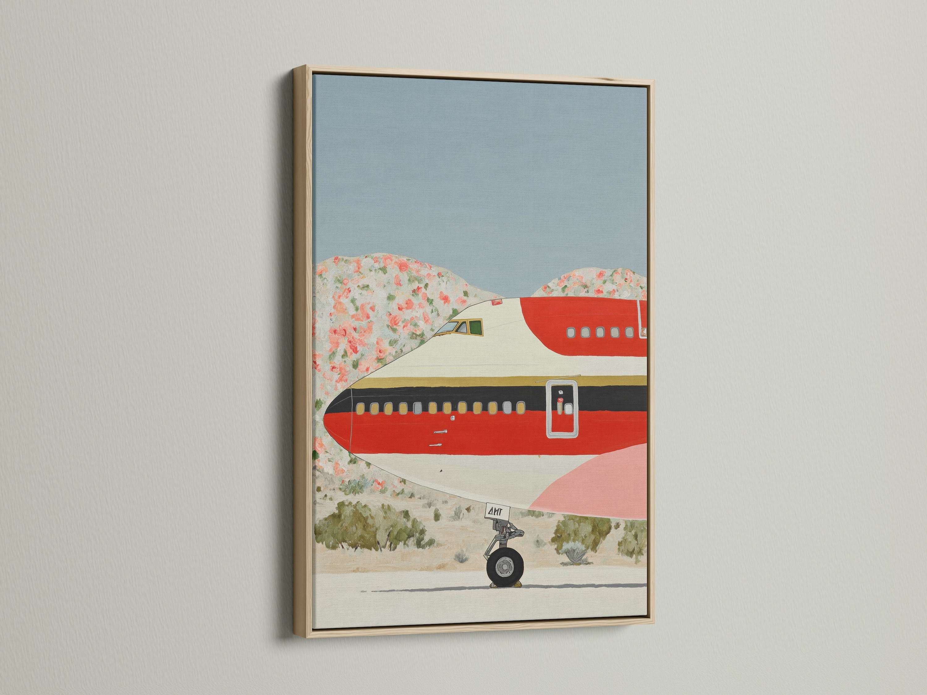 Vintage airplane art displayed in an oak frame. This retro aviation art is a mid century print. It enhances any space as airplane wall art. Ideal travel wall decor for vintage aircraft art lovers. The oak frame adds warmth